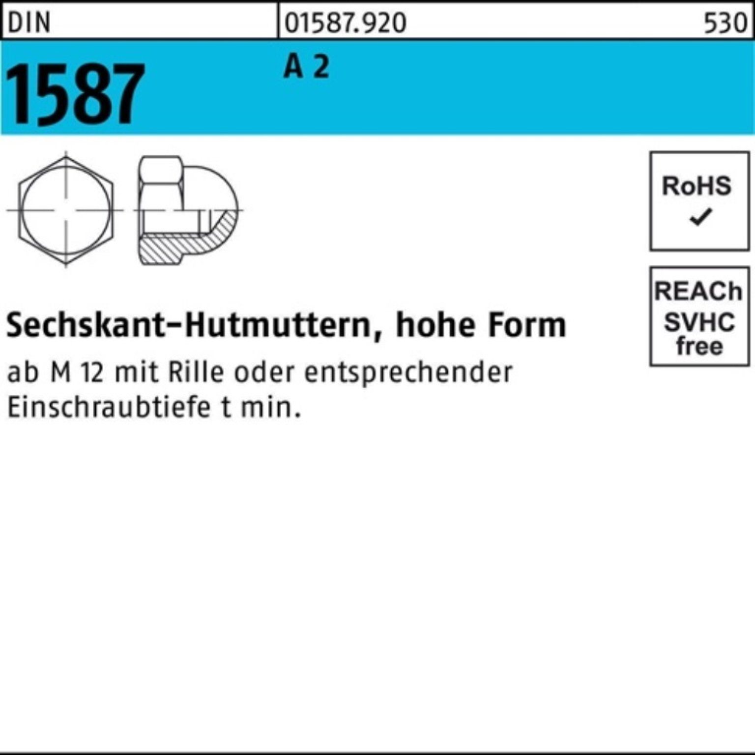 Reyher Hutmutter 100er Pack Sechskanthutmutter 1587 DIN Stück DIN 2 2 1587 10 M16 A A