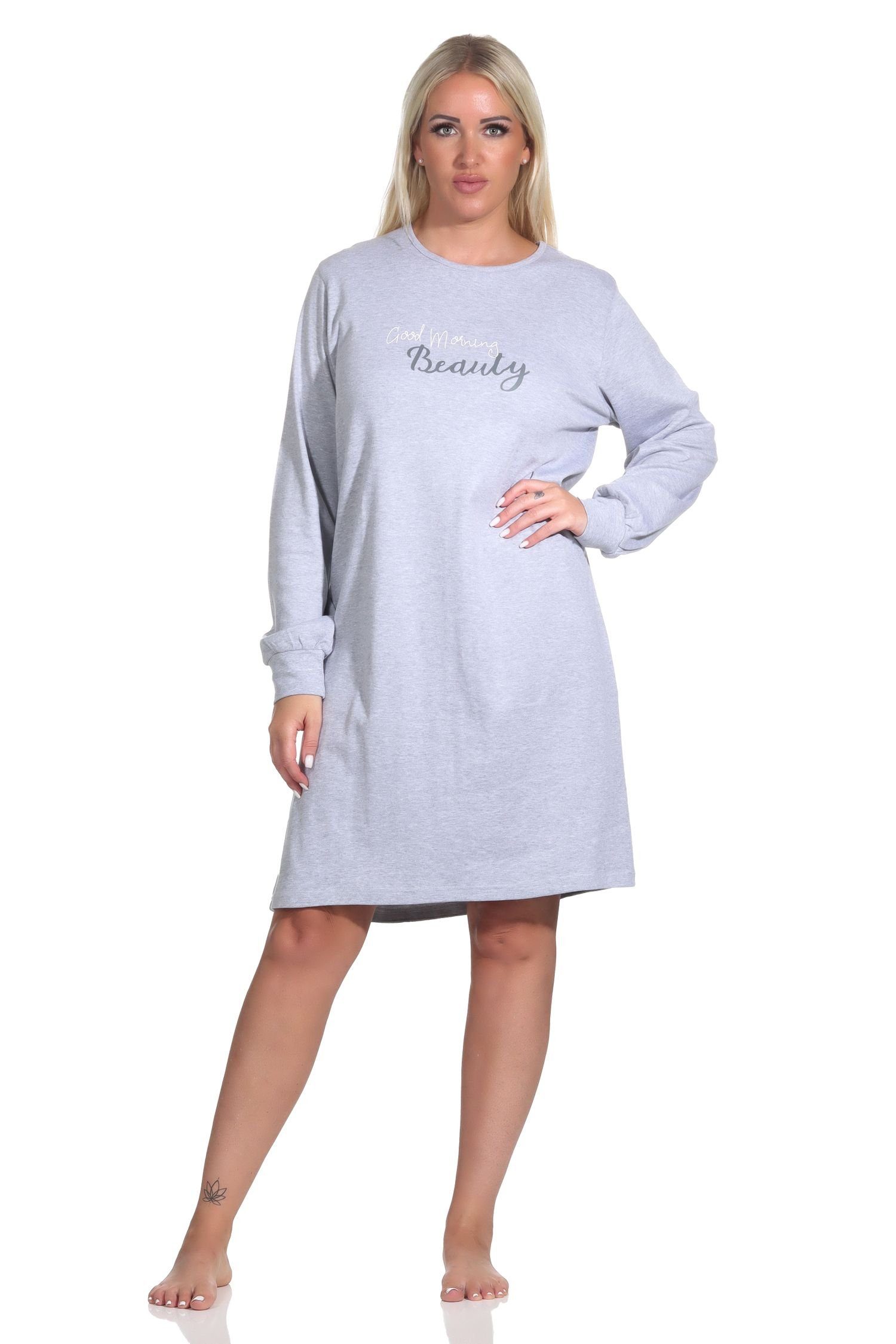 Normann Nachthemd Damen langarm Nachthemd mit Bündchen in Kuschel Interlock Qualität grau-melange | Nachthemden