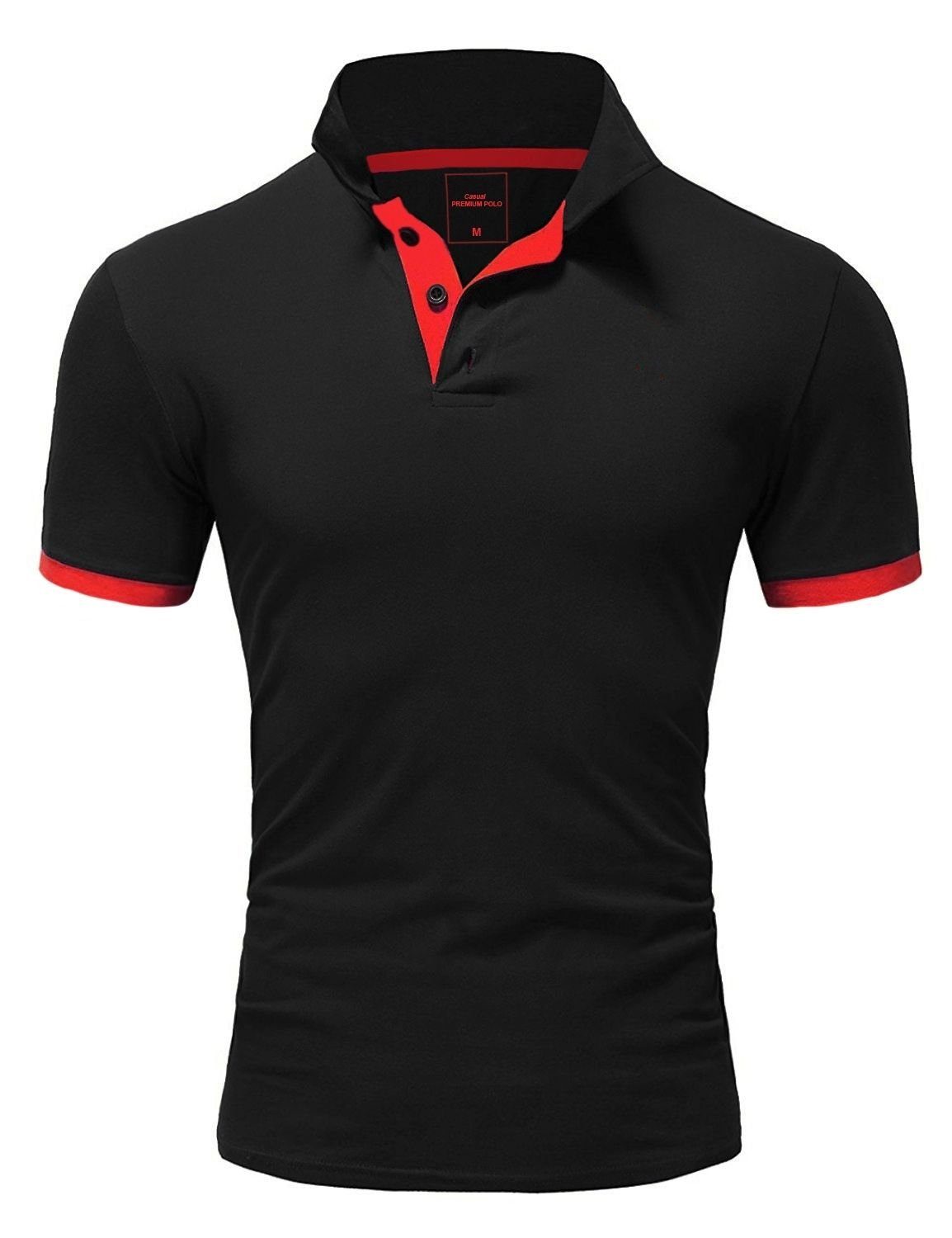 behype Poloshirt BASE mit kontrastfarbigen Details schwarz-rot