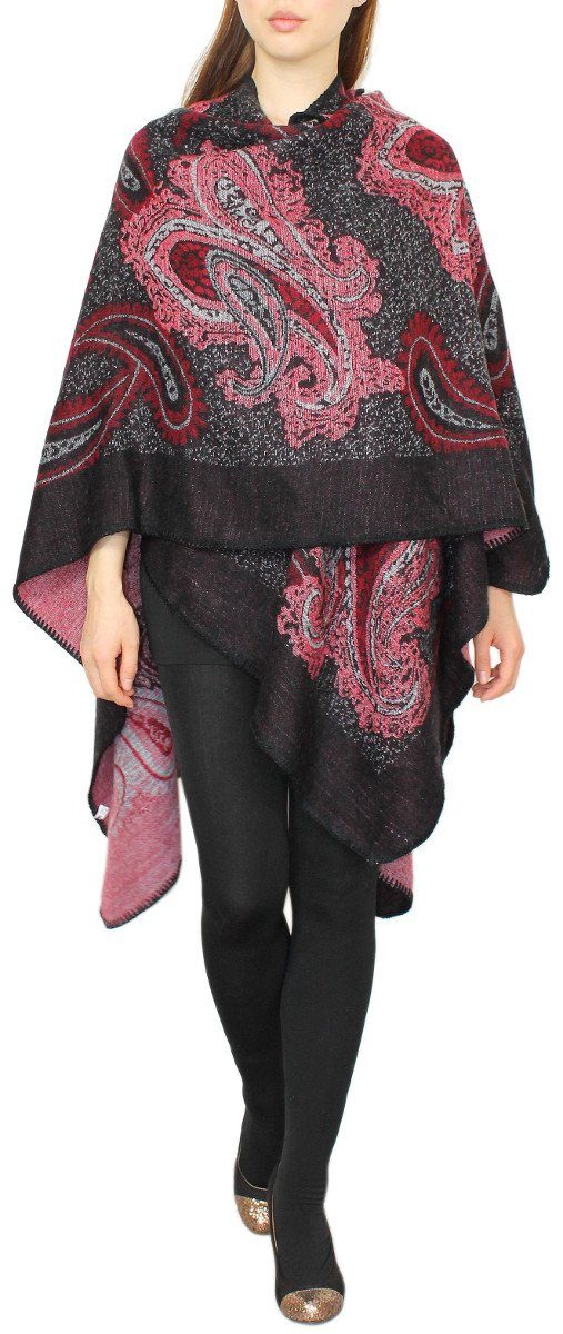 Paisley Umhang Damen Wendeponcho Oversize Paisley dy_mode Muster Cape PJ007-SchwarzRot in Poncho Poncho Muster in