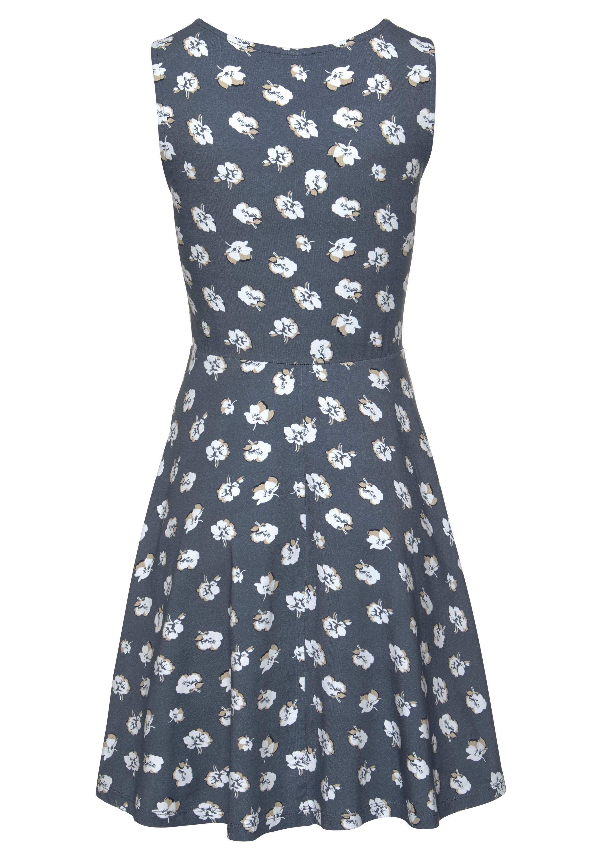 Beachtime by Lascana Jerseykleid mit Blumendruck, Sommerkleid aus elastischer Baumwolle Strandkleid, Druckkleid mit ausgestelltem Rockteil, A-Linien-Kleid