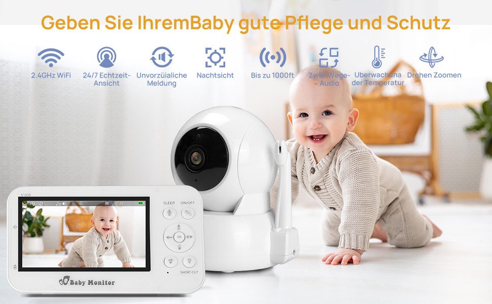 VSIUO Babyphone Babyphone mit Kamera, Video Baby Monitor, Video-Babyphone, Infrarot-Nachtsicht, Temperaturanzeige, Schlaflieder, Zwei-Wege-Audio, Gegensprechfunktion, Smart VOX-Modus, 2/4-fach Zoom mit Fernbedienung, Extra großer 5'' IPS-Bildschirm