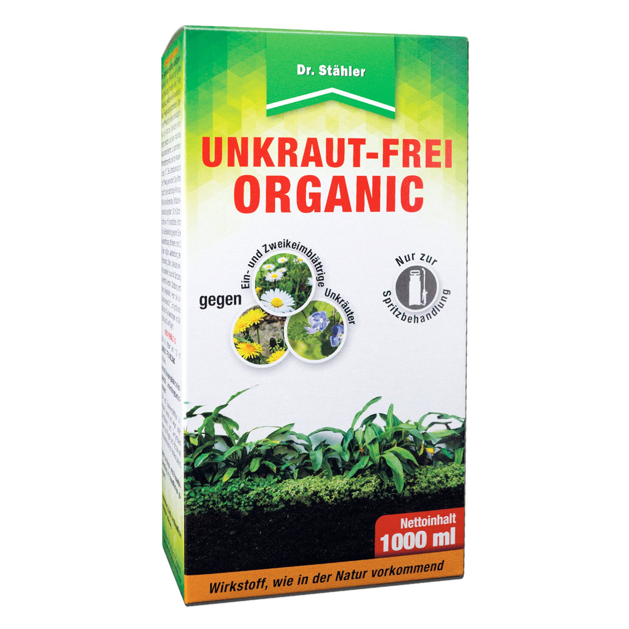 Dr. Stähler Unkrautbekämpfungsmittel Unkraut-Frei Organic: Sprühmittel zur Unkrautbekämpfung, 1000 ml, Vielfältige Einsatzmöglichkeiten im Gartenbereich, Schnelle Wirkung gegen ein- und zweikeimblättrige Unkräuter, Zur Anwendung zwischen Ziergehölzen, Kulturpflanzen und auf Wegen
