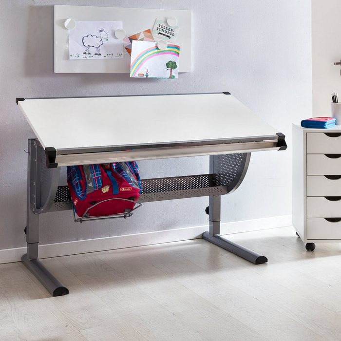 Wohnling Schreibtisch WL5.124 (Kinderschreibtisch Holz 120 x 60 cm Grau / Weiß) Schülerschreibtisch Neigungsverstellbar Modern
