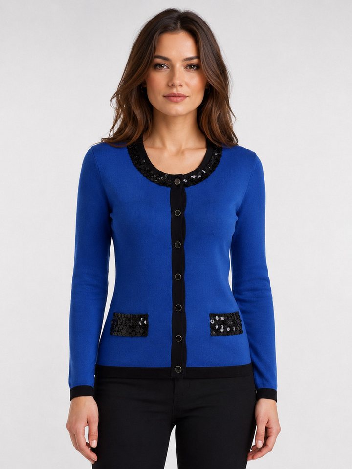 Passioni Cardigan Twinset in Blau mit schwarzen Kanten und schwarzem Paillettenbesatz