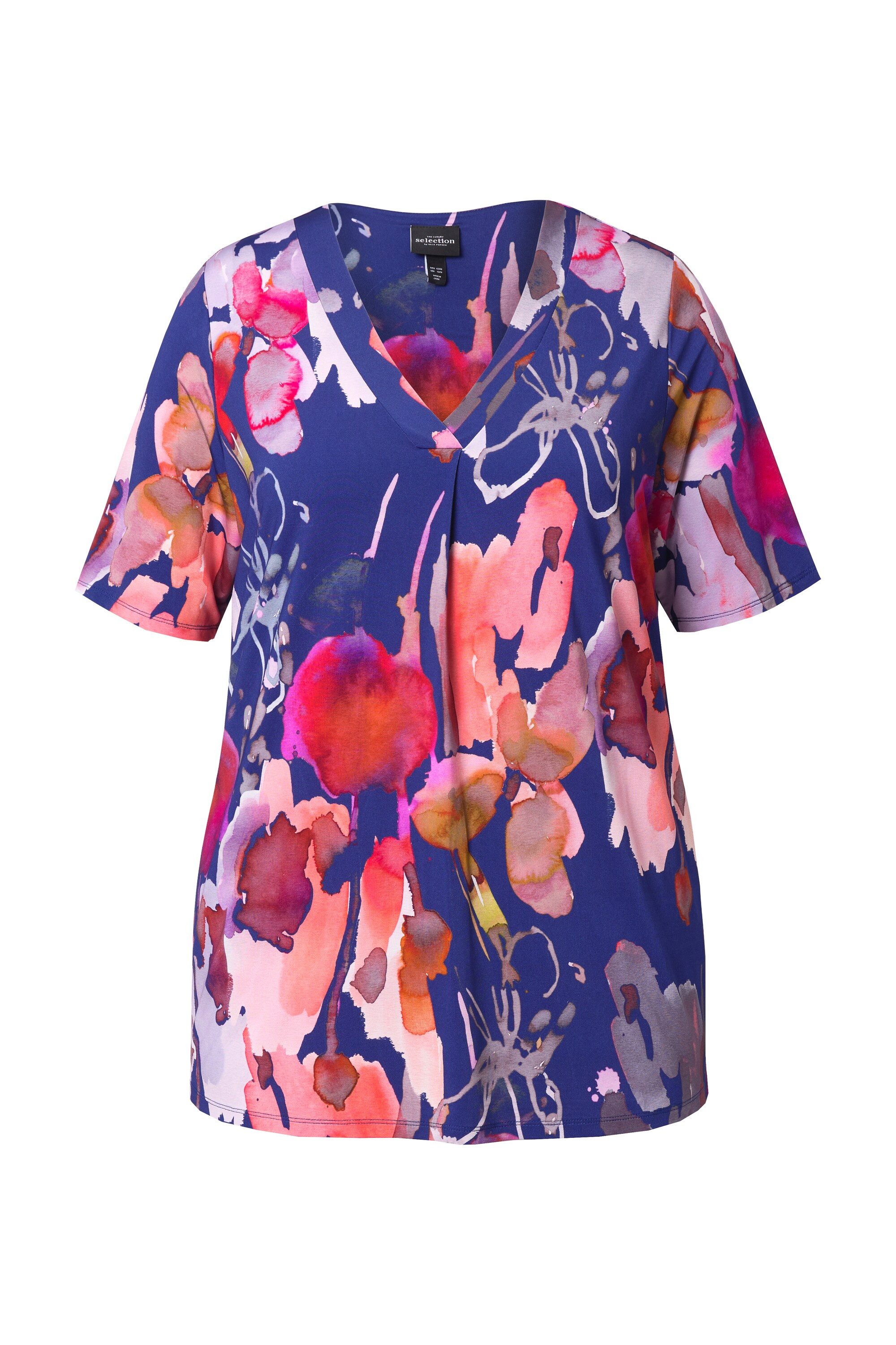 Ulla Popken T-Shirt Slinkyshirt Blüten V-Ausschnitt Zierfalte Halbarm günstig online kaufen