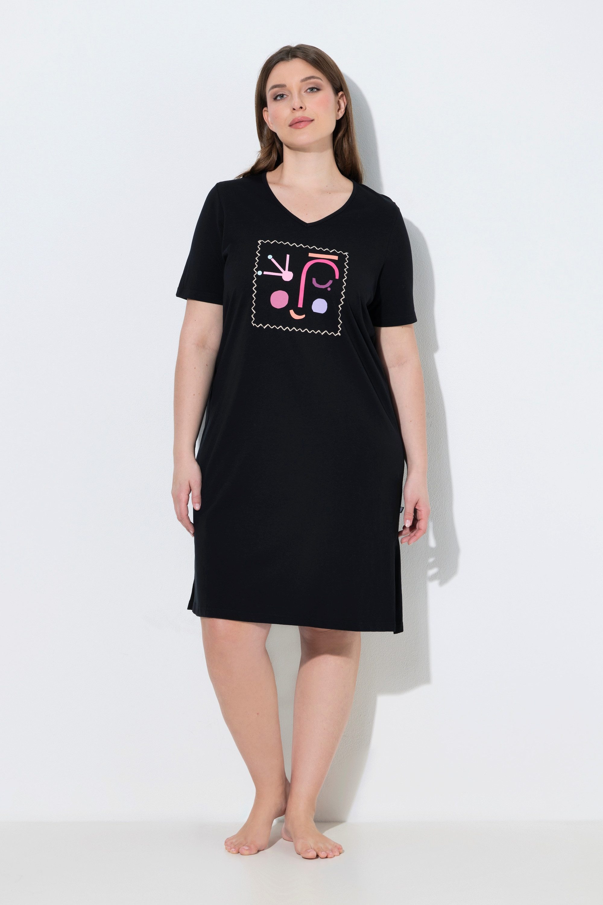 Ulla Popken Bigshirt Bigshirt Gesicht V-Ausschnitt Halbarm