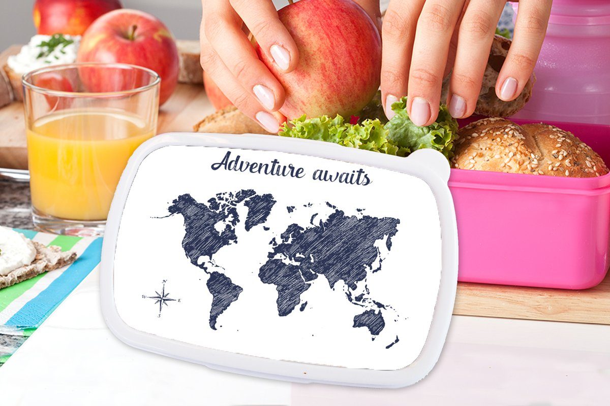 MuchoWow Lunchbox Weltkarte Blau (2-tlg), Kunststoff, Brotbox rosa Zitat, Mädchen, Kinder, - für Brotdose Kunststoff Erwachsene, Snackbox, 