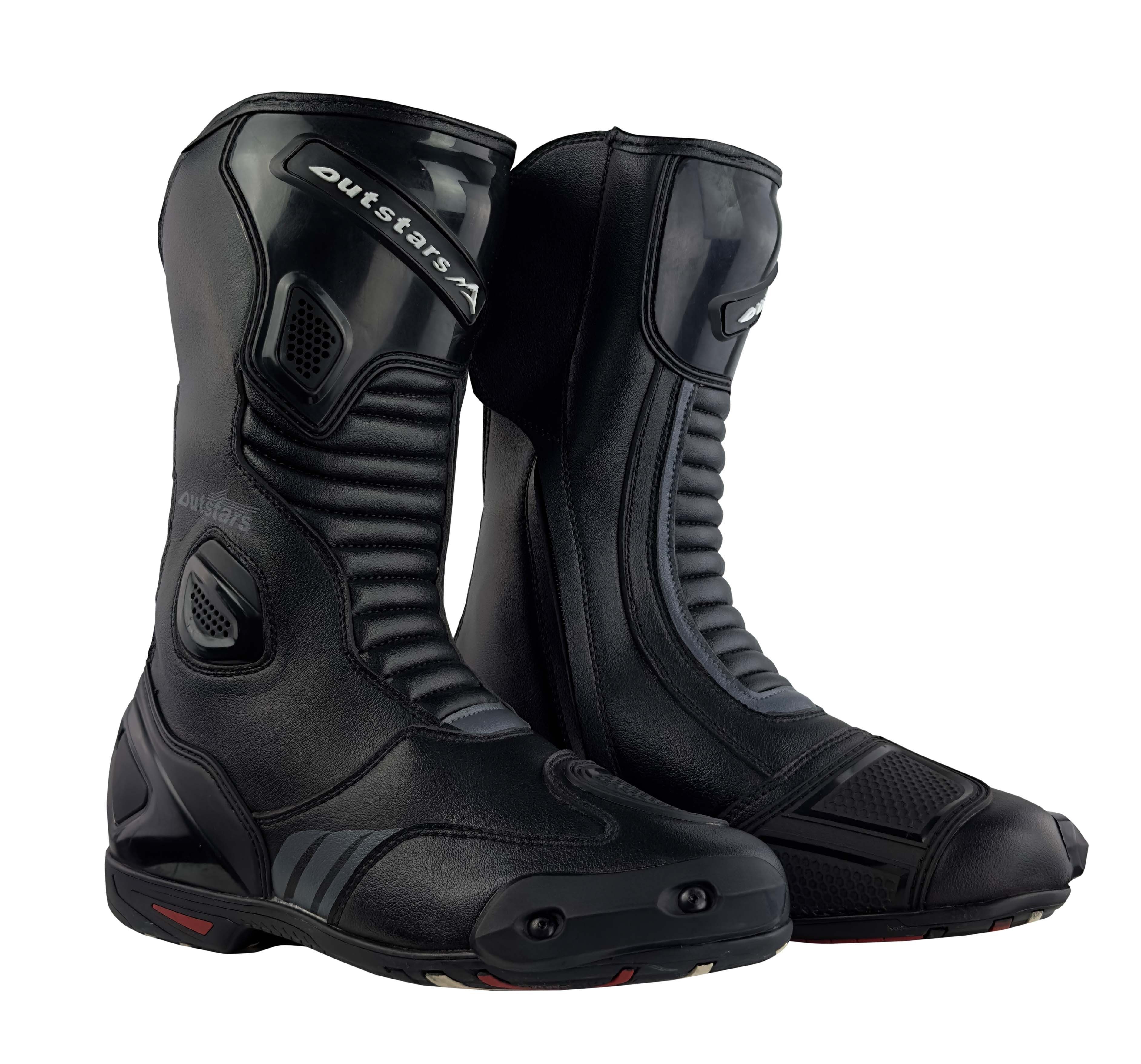 OUTSTARS RO019 - Racingstiefel mit Schleifpads & Belüftung, schwarz Motorradstiefel aus echtem Leder, Schleifpads & Belüftung