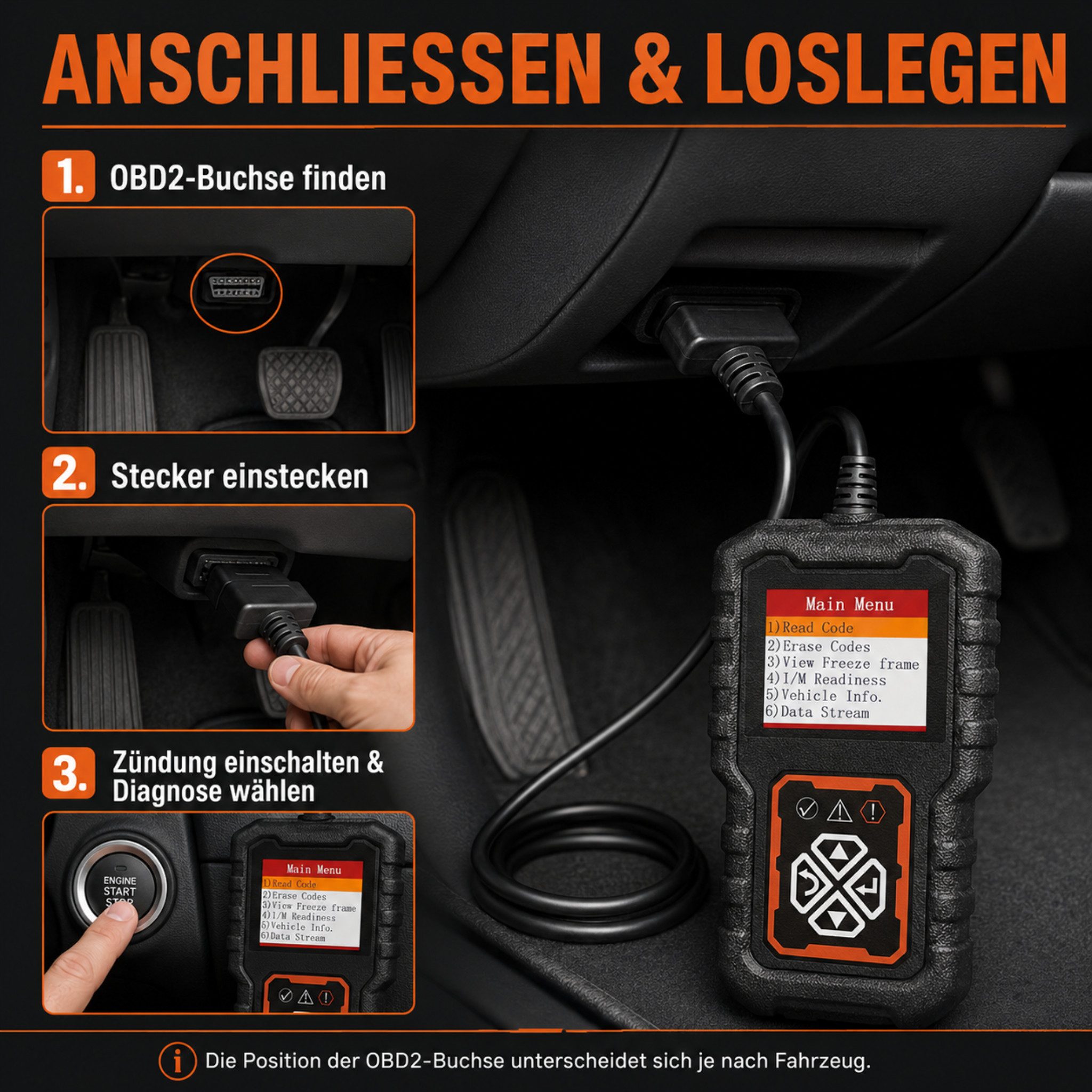 HS.SUPPLY Kfz-Diagnosegerät OBD2 Diagnosegerät KFZ Scanner Fehlercode Lesegerät mit Display, Komplett-Set, Komplettset, Einfache Fehlerdiagnose & Fehlerlöschung für Ihr KfZ