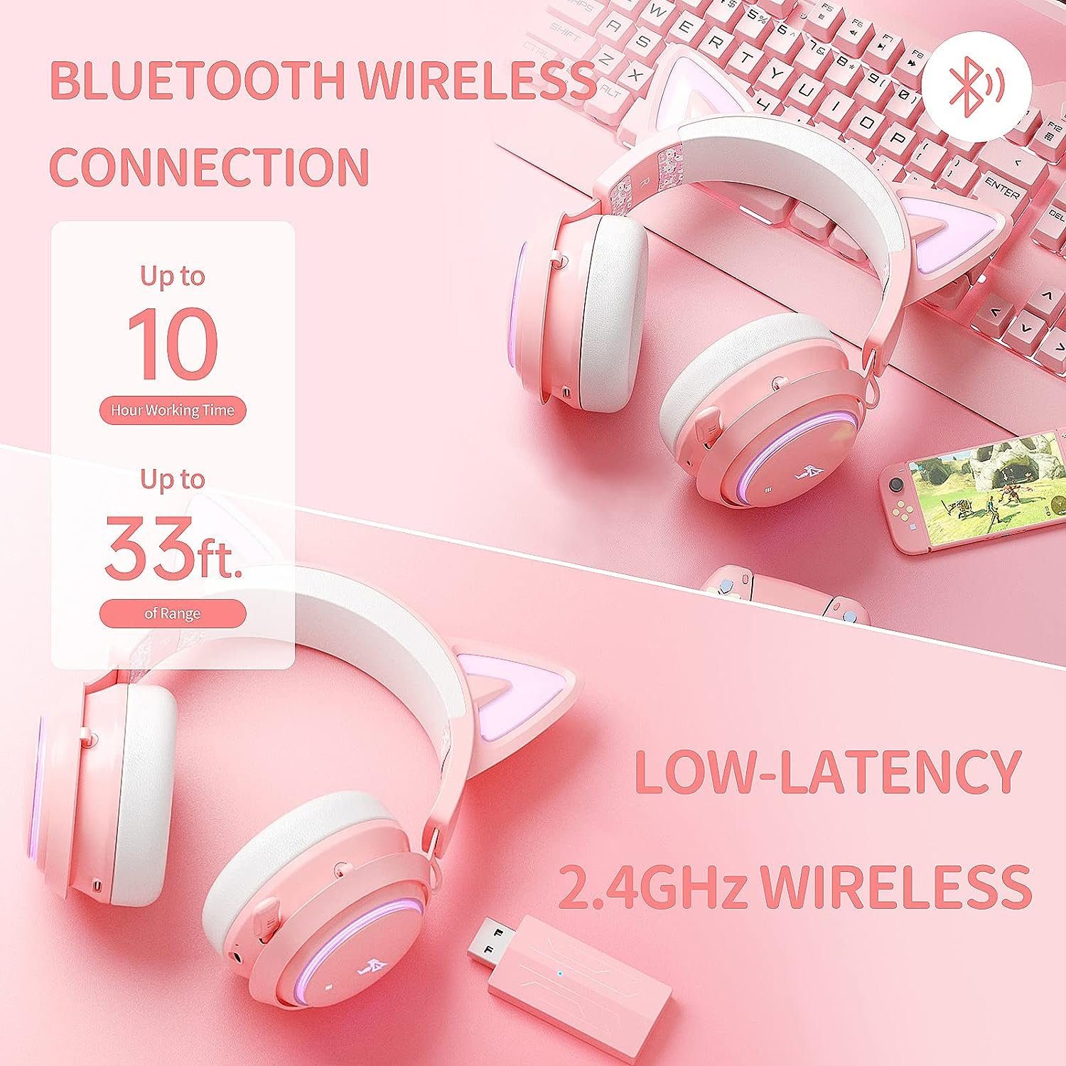 Somikon SOMIC GS510 , Gaming-Headset (Einziehbares und Cat-Ear-Kopfhörer "Drahtlose Spielens. Surround Bluetooth) Kommunikation während des mit Sound klare Rauschunterdrückungsmikrofon 7.1 für