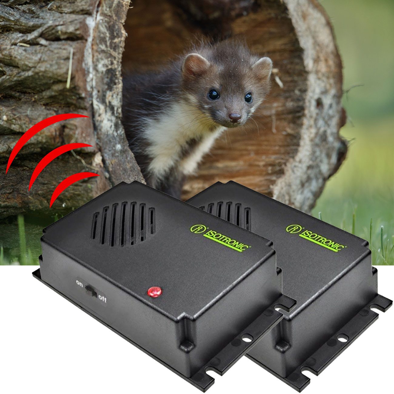 ISOTRONIC Ultraschall-Tierabwehr Mobile Ultraschall Marder-Abwehr, Batteriebetrieben für KFZ & Haus, 2-tlg., Batteriebetriebener Marder-Schreck für KFZ, Haus & Garten bis 40 m²