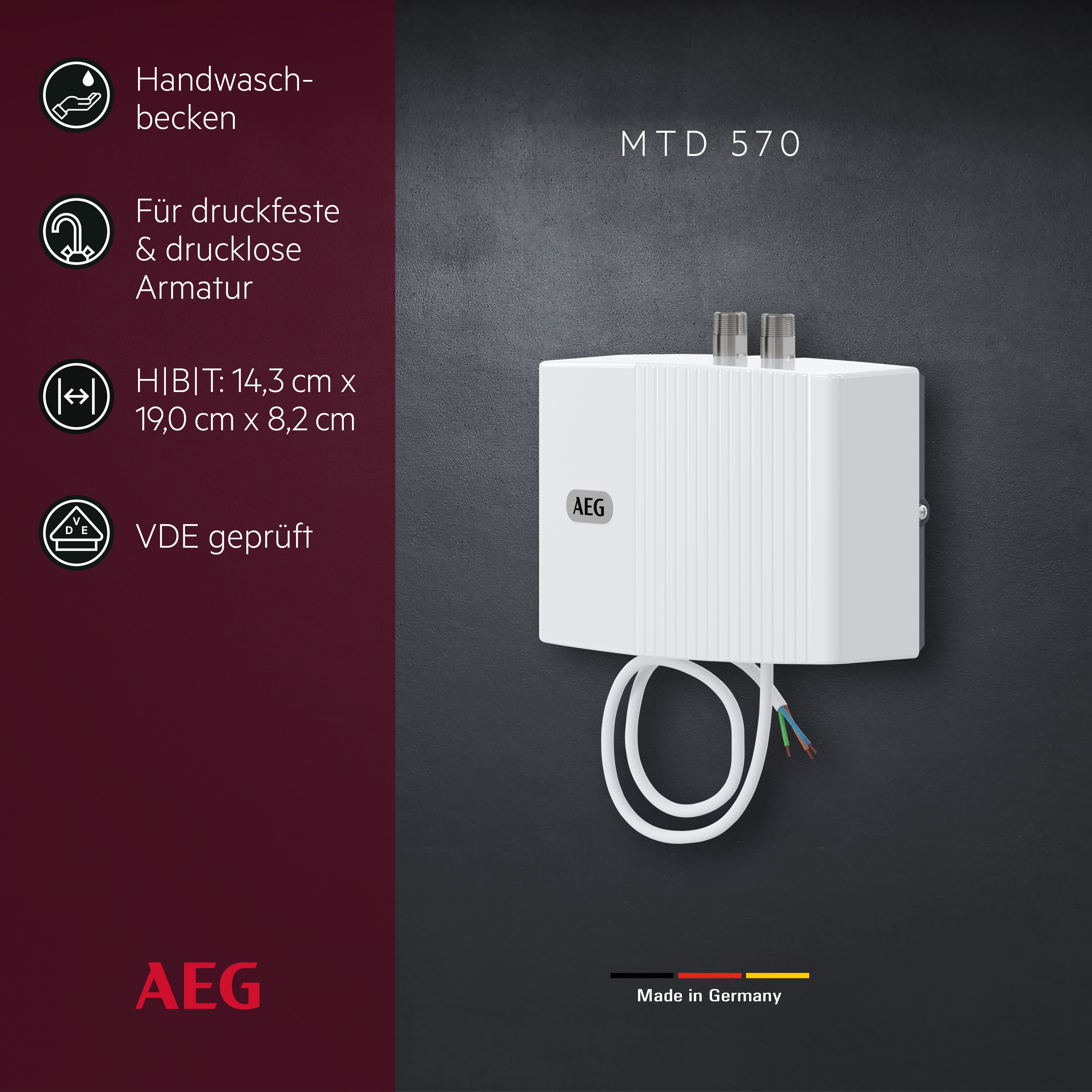 AEG Haustechnik Klein-Durchlauferhitzer MTD 570 für Handwaschbecken, 5,7 kW, ohne Stecker, Festanschluss 230V, hydraulisch, max. 38 °C, hydraulisch, sofort lauwarmes Wasser (ca. 35°C)