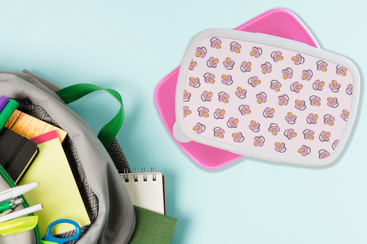 MuchoWow Lunchbox Schnuller - Brotbox Kunststoff - Rosa, Kinder, für Snackbox, Muster Erwachsene, Brotdose Mädchen, (2-tlg), Kunststoff