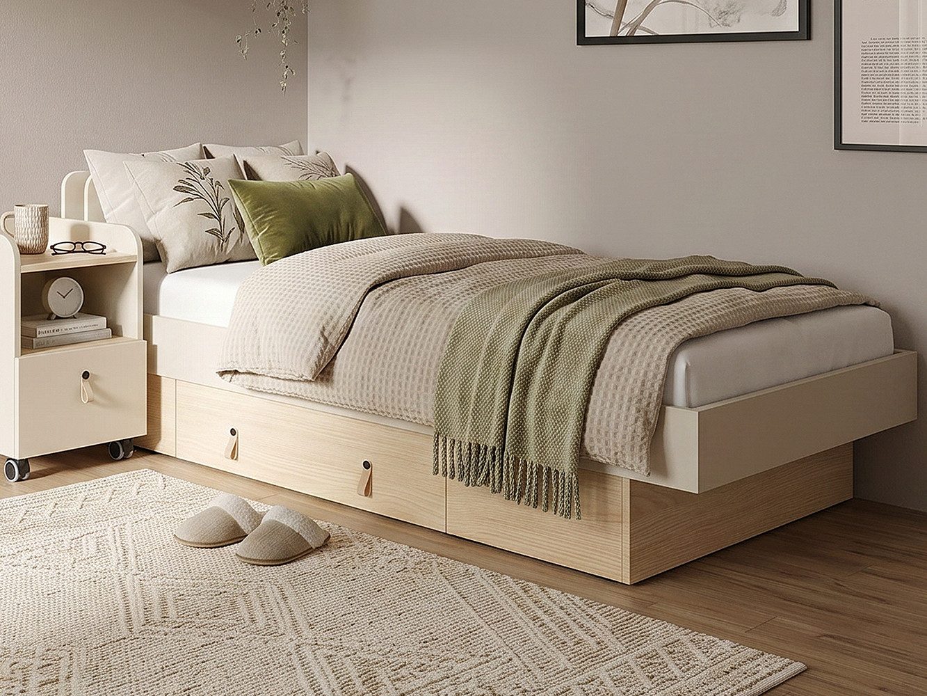 Beautysofa Jugendbett SORELLA 90 × 200 cm mit Lattenrost und Bettkasten-Schublade (Porcini oder Macadamia mit Eiche Mavelie, Einzelbett mit wählbarer Auszugseite), wahlweise ohne Matratze oder mit MEDIRO CORE