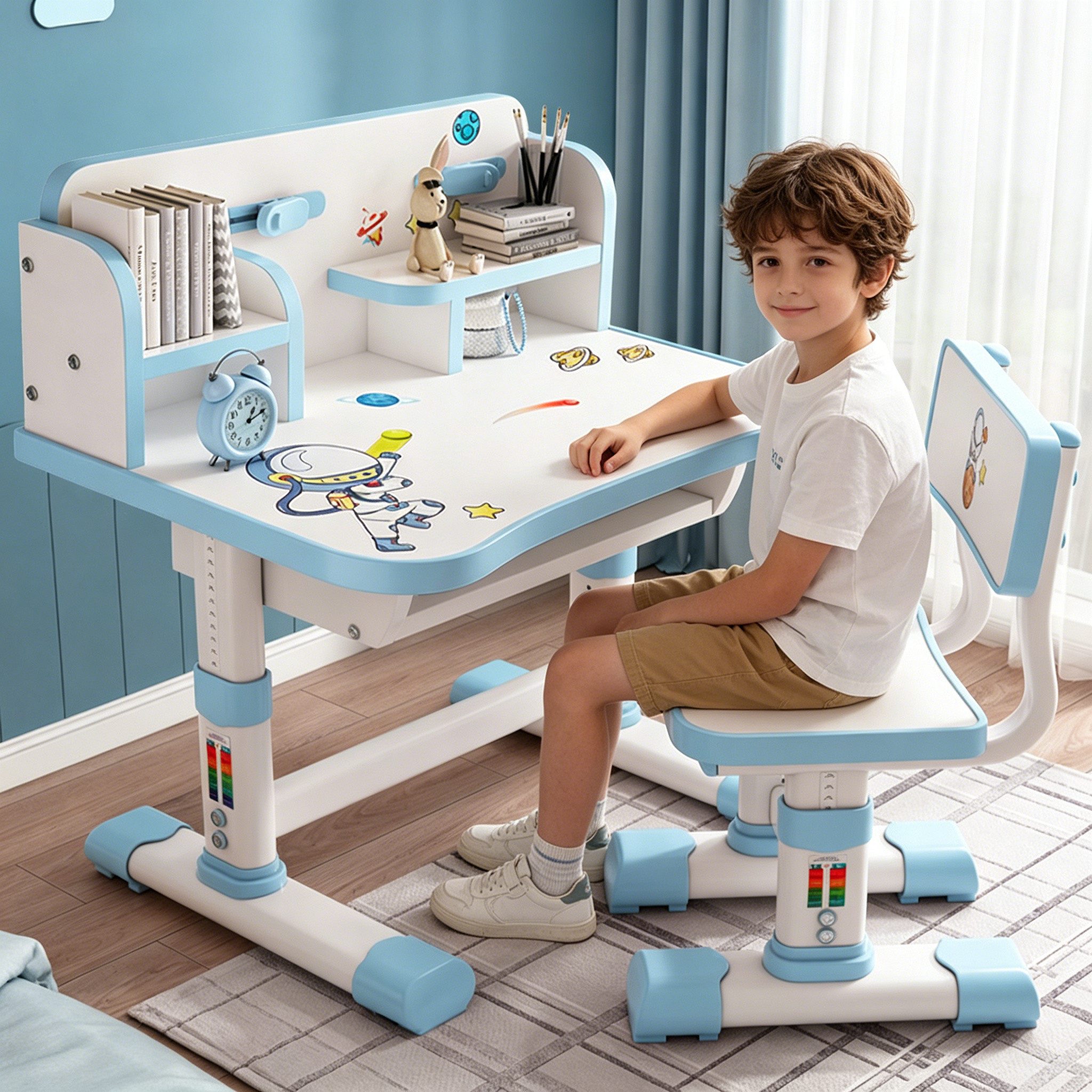 Rutaqian Kinderschreibtisch Kinderschreibtisch mit Bücherständer, Schüler-Schreibtisch und Stuhl (Ein Tisch und ein Stuhl), Ergonomischer Cartoon Design Kinderschreibtischstuhl, Einfache Montage