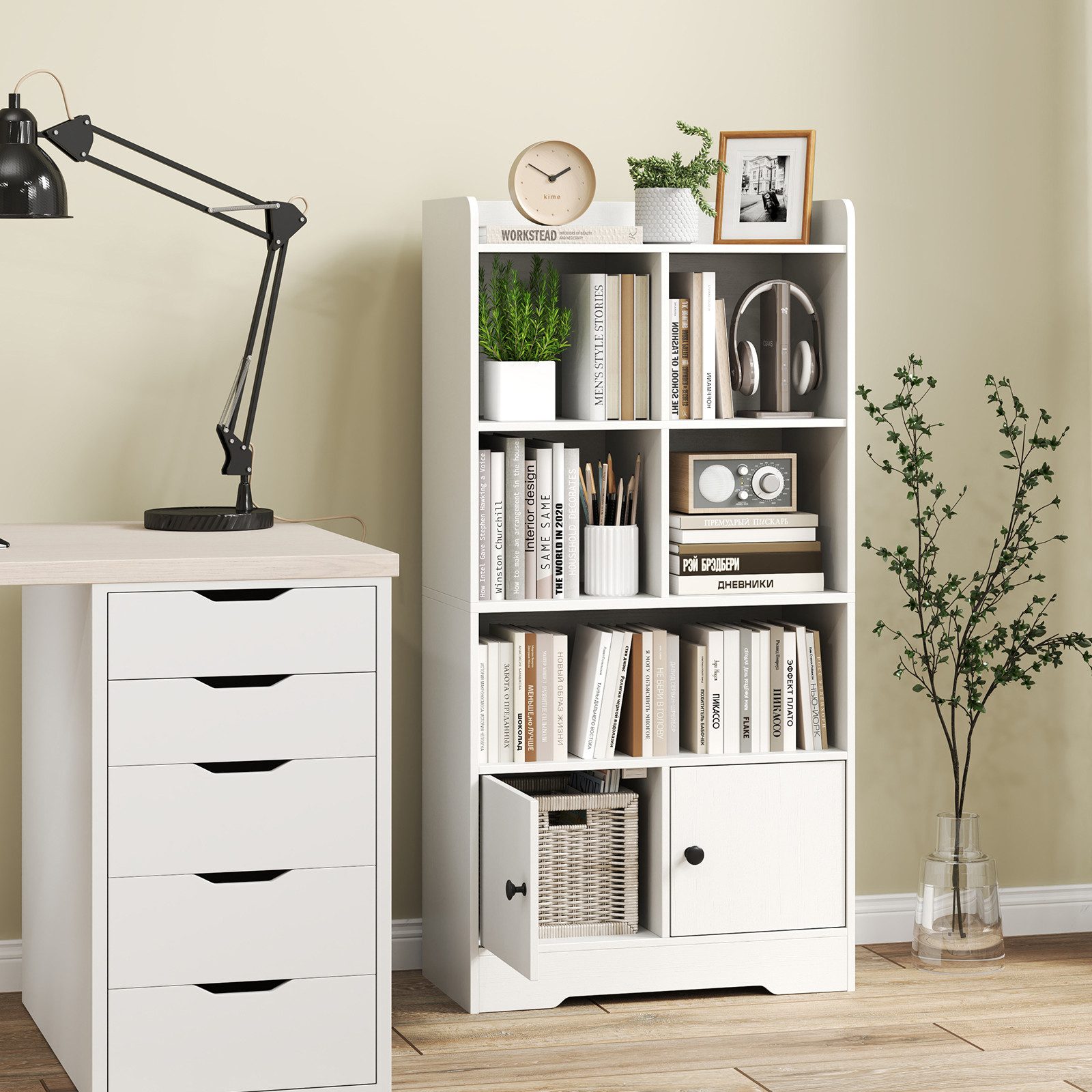 COSTWAY Bücherregal, Bücherschrank mit Türen & 5 Fächern, Holz, weiß günstig online kaufen