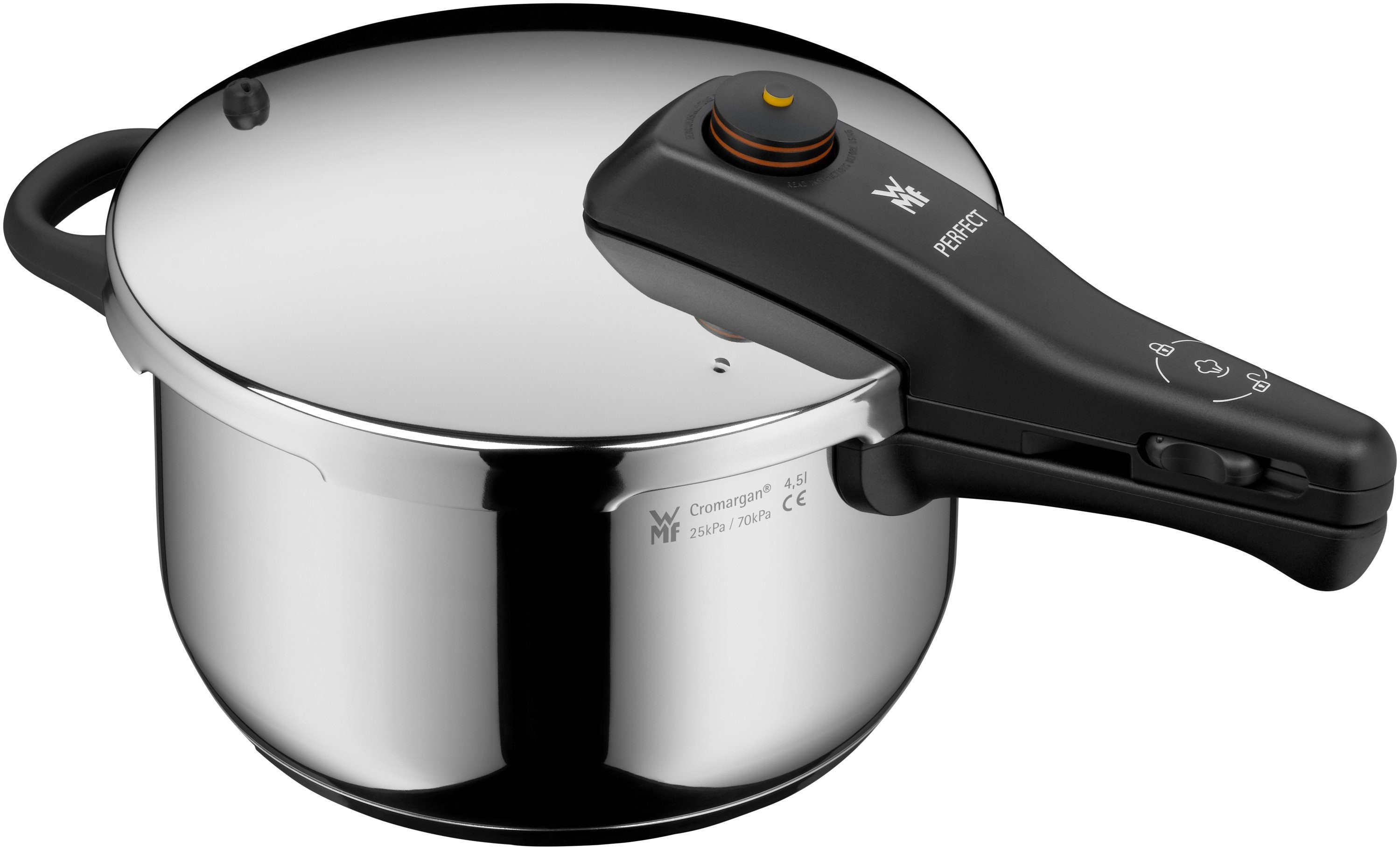 WMF Schnellkochtopf Perfect One Pot, Dampfkochtopf Induktion 4,5l + 3l, großes Kochsignal, Cromargan® Edelstahl Rostfrei 18/10 (Set, 2-tlg., 1x Schnellkochtopf 4,5 I mit Deckel und 1x Schnellbratpfanne 3,0 l), Abnehmbarer Deckelgriff, für alle Herdarten geeignet, 2 Kochstufen