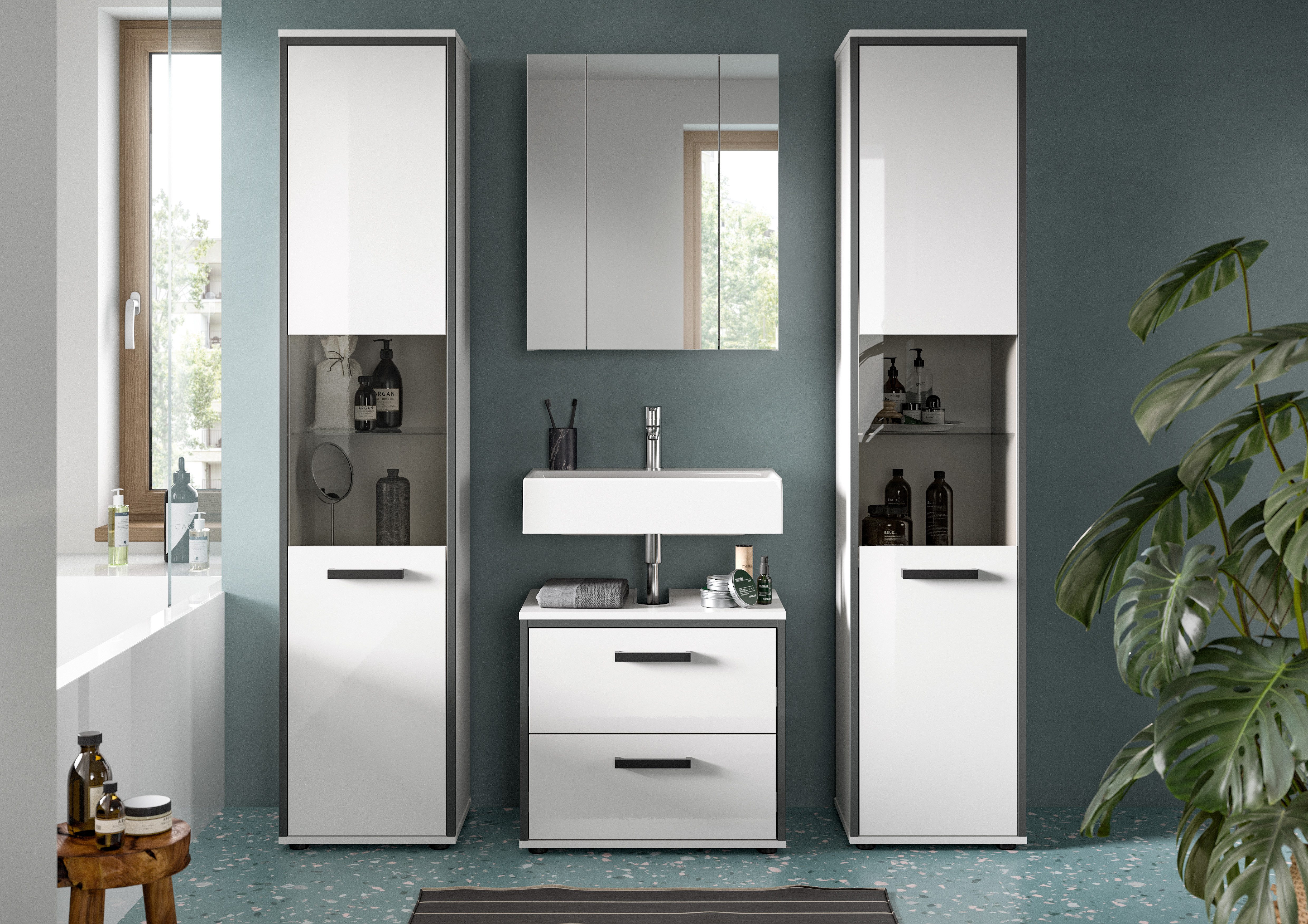 welltime Badmöbel-Set KAJO, 4-tlg. Badkombination, weiß hochglanz, (Set, 4-St., Set, best. aus:2Hochschränken, 1 WBU, 1 Spiegelschrank), Bad-Kombination,Bad-Möbel,Badezimmer,Kombinationen,Kombi