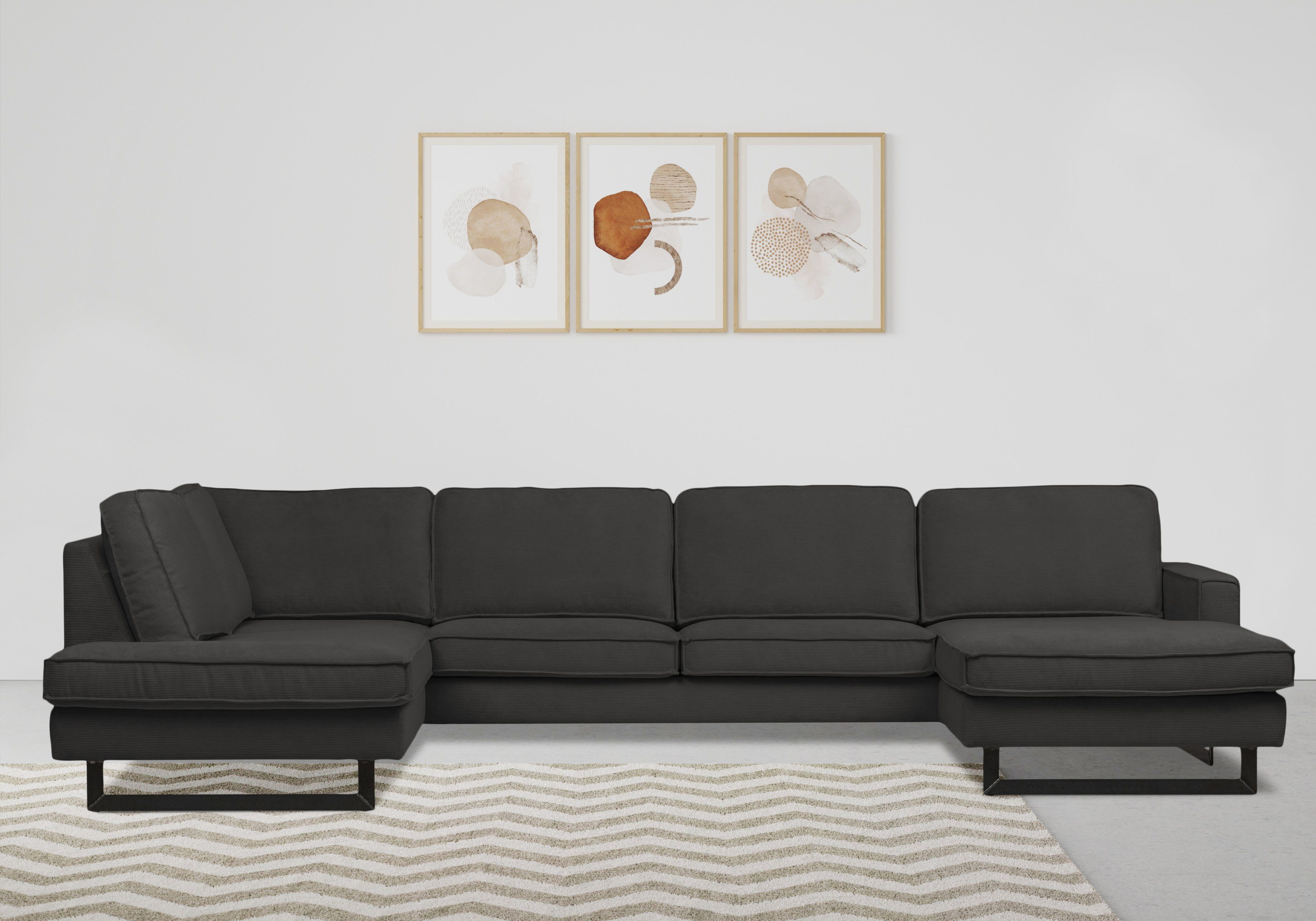 Places of Style Wohnlandschaft Pinto, 350 cm, U-Form, XXL, mit Ottomanen, Cord, Chenille, Lederoptik, mit Keder, Metallfüße, Wellenunterfederung