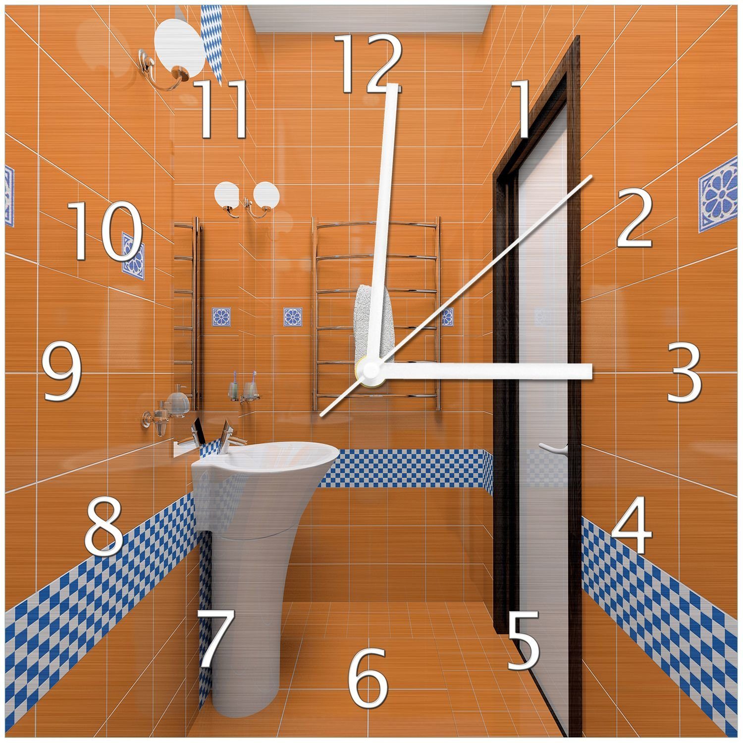 Wallario Wanduhr Modernes Badezimmer in orange mit blauen Fliesen (Aluverbunduhr)