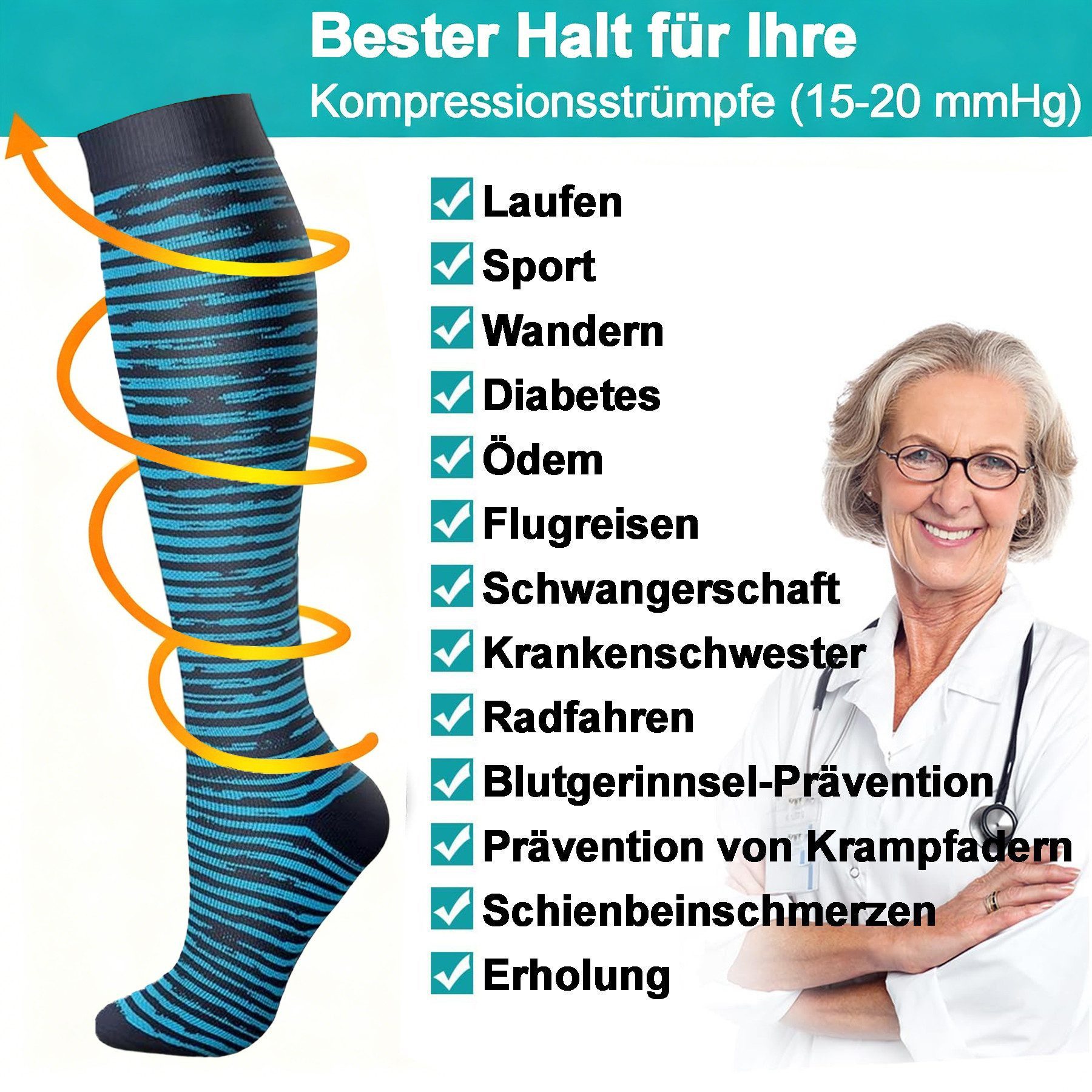 Mutig Kompressionsstrümpfe 6 Paar Lange Kompressionssocken für Damen & Herren (Sportsocken & Reisesocken, Bequem und Elastisch) Ideal für Sport, Reisen und Allt – Bild 5 von 5