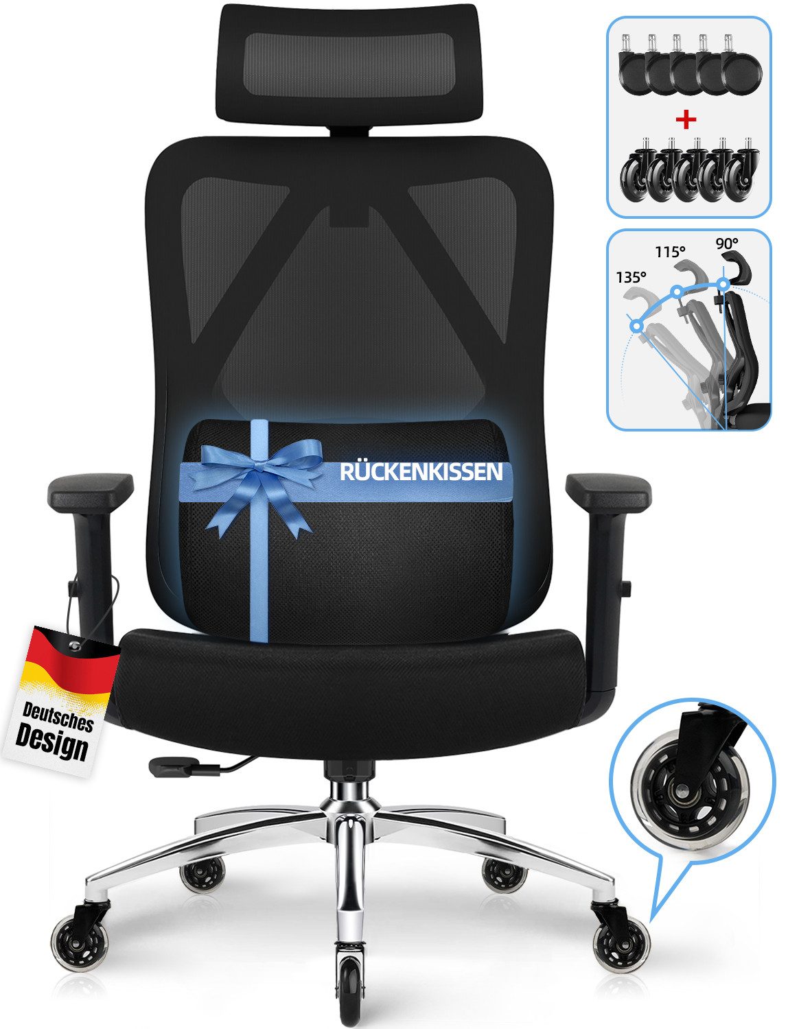 Bürostuhl Bürostuhl ergonomisch, Schreibtischstuhl 3D Memory-Schaum Lendenstütze