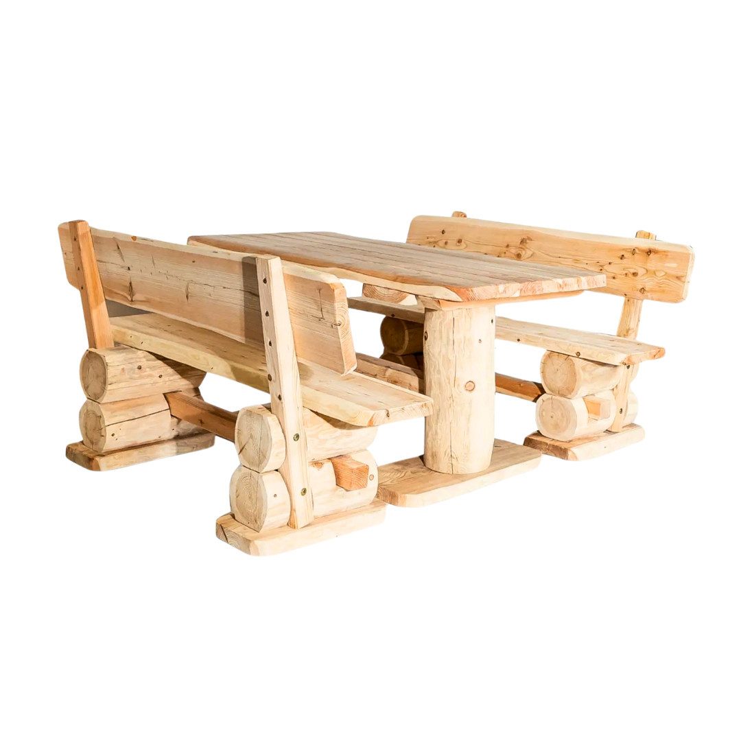 Mega-Holz Garten-Essgruppe Gartengarnitur Rustikal aus Lärchenholz naturbelassen, (Set, 3-tlg., Gartenessgruppe aus Lärchenholz), fertig montiert, massiv, wetterfest