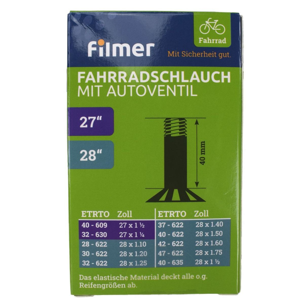Filmer Fahrradschlauch Fahrradschlauch mit Autoventil in verschiedenen Größen, 27 - 28 Zoll, mit Autoventil