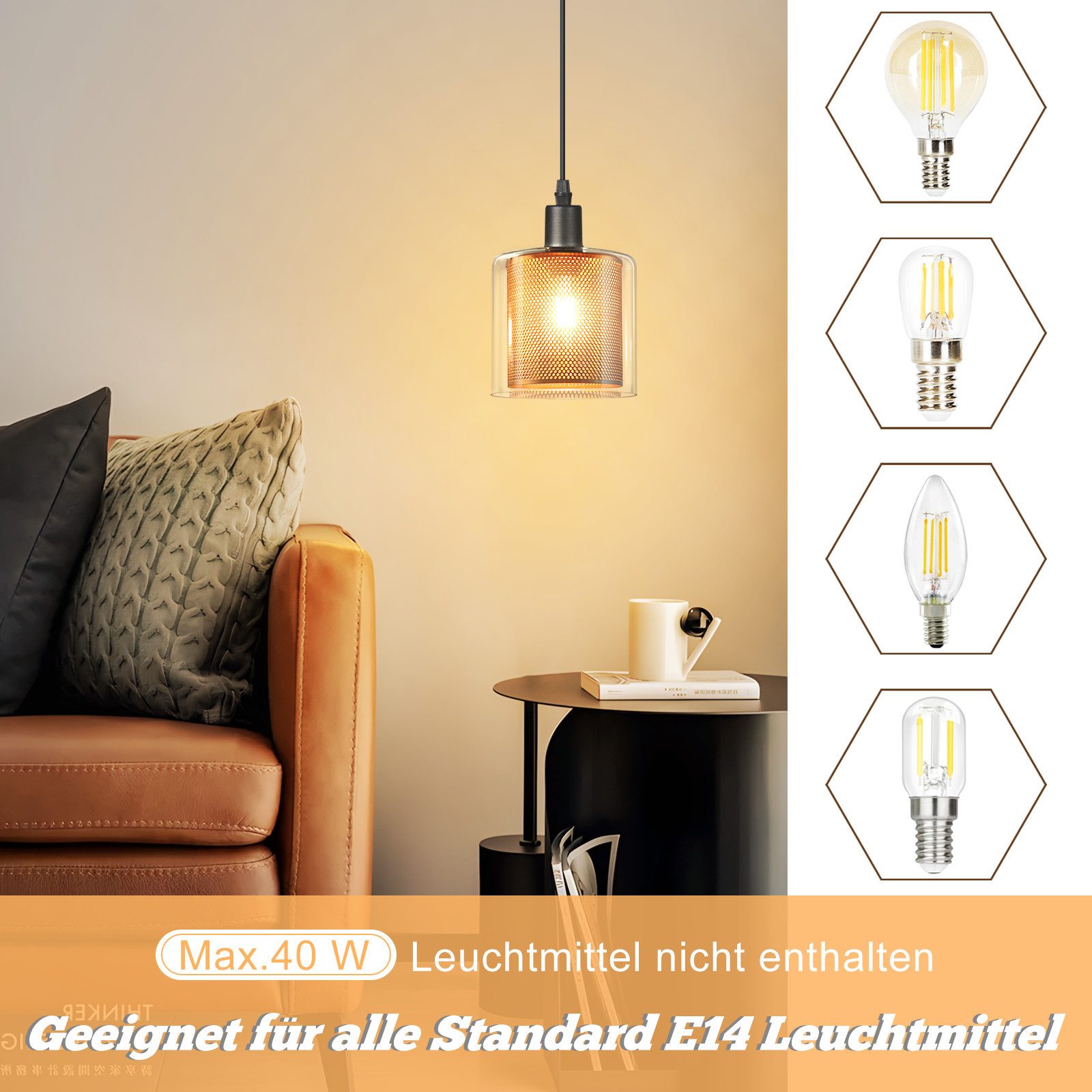 Nettlife Pendelleuchte Vintage Glas Gold E14 1 Flammig Esszimmer Hängelampe günstig online kaufen