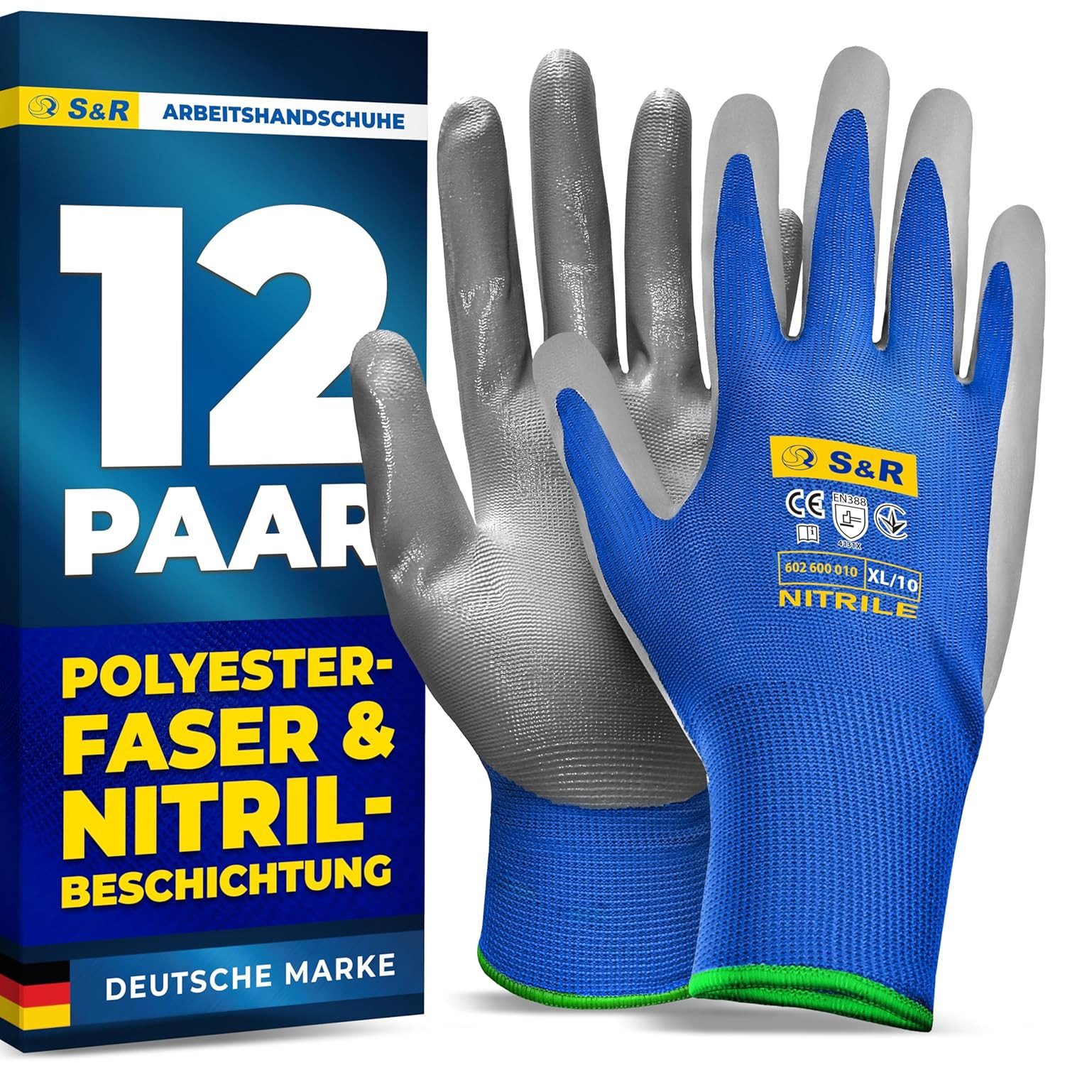 S&R Arbeitshandschuhe mit Polyester-Futter und Nitrilbeschichtung, Anti-Rutsch Nitril (Set, 12-St., 12 Paar in XL/10) Arbeitshandschuhe für Montage, Bauen, Restauration