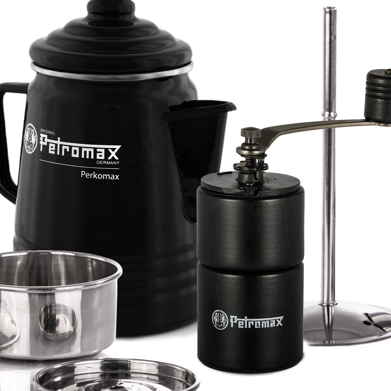 Petromax Perkolator + Handkaffeemühle Kaffeekanne Teekanne Camping Outdoor  schwarz, Edelstahlfilter, Kaffeekanne 1,3 L = 9 Tassen