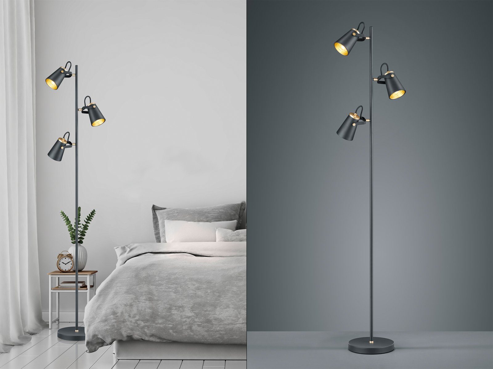 TRIO Leuchten LED Stehlampe, LED wechselbar, Warmweiß, Große Leselampe Lampenschirm Schwarz Gold-en mehrflammig, Höhe 160cm