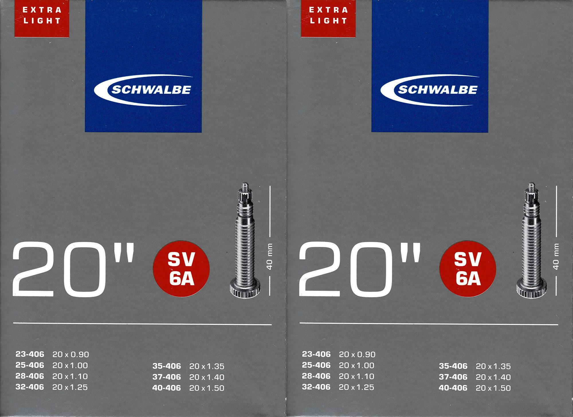 Fahrradschlauch 2x Schwalbe SV 6A 20 Zoll Extra Light Schlauch Sclaverand Ventil