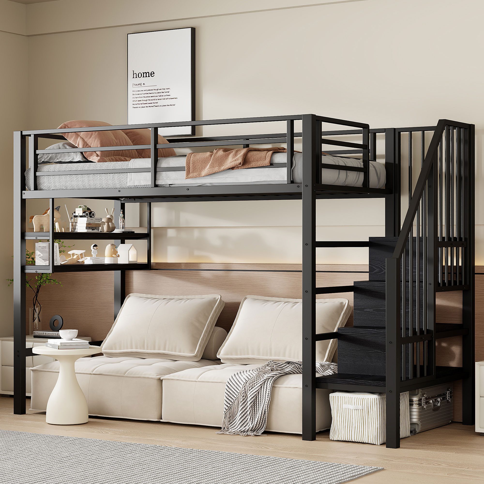 muvano Bett Hochbett 90x200 Schwarz Metall Kinderhochbett mit Stauraumleiter Regal