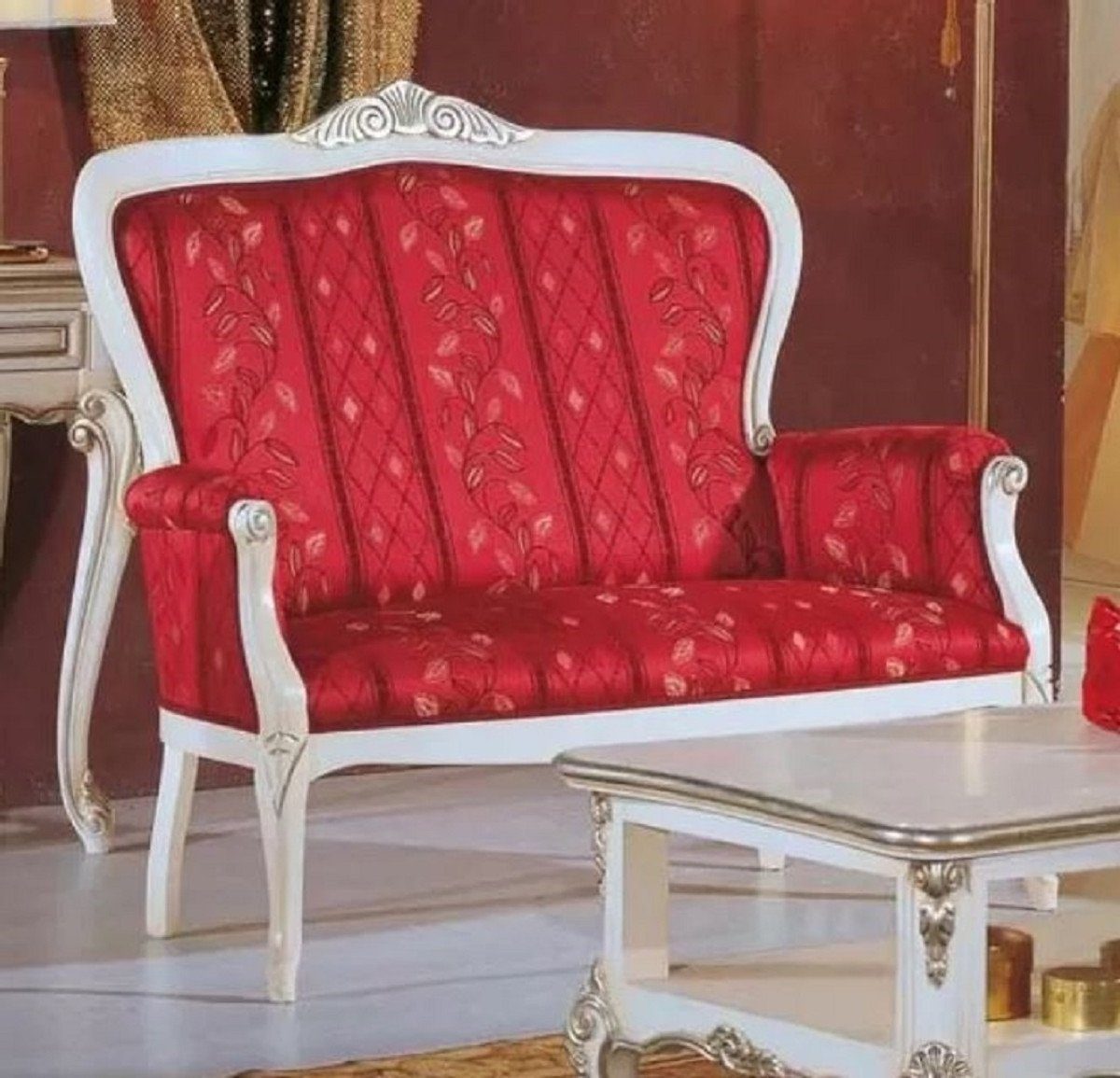 Casa Padrino Sofa Luxus Barock Sofa Rot / Weiß / Silber - Edles Wohnzimmer Sofa mit elegantem Muster - Barock Möbel - Luxus Qualität - Made in Italy | Alle Sofas