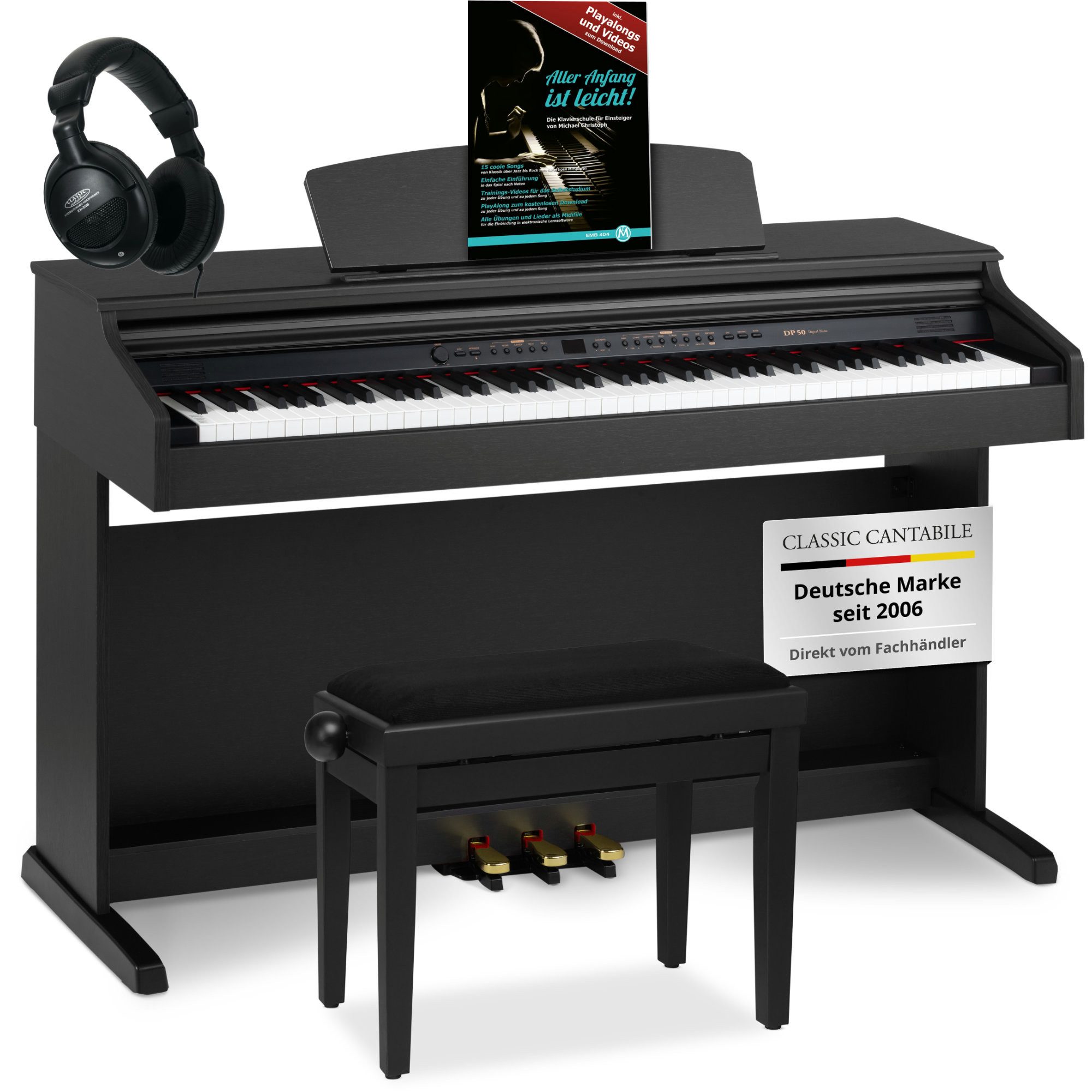 Classic Cantabile Digitalpiano DP-50 E-Piano Set mit 88 Tasten Hammermechanik (Spar-Set, inkl. Klavierbank, Kopfhörer & Schule), Klavier, Layer-, Split-, Twin-Piano- und Aufnahmefunktion