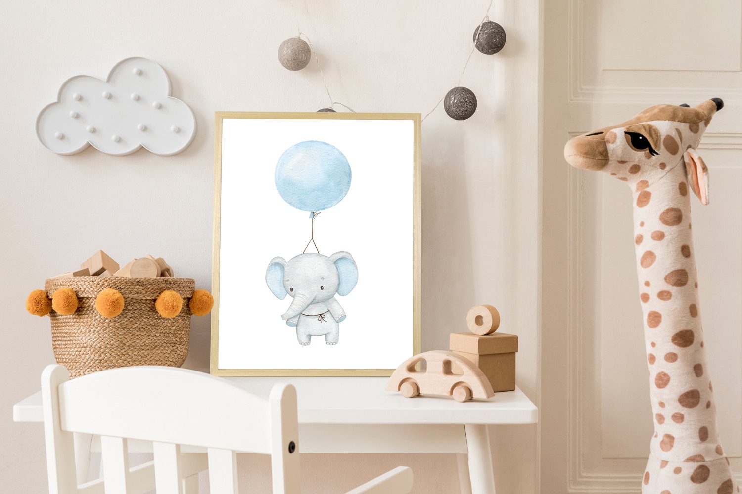 Bild mit Rahmen Fliegender Elefant mit Ballon