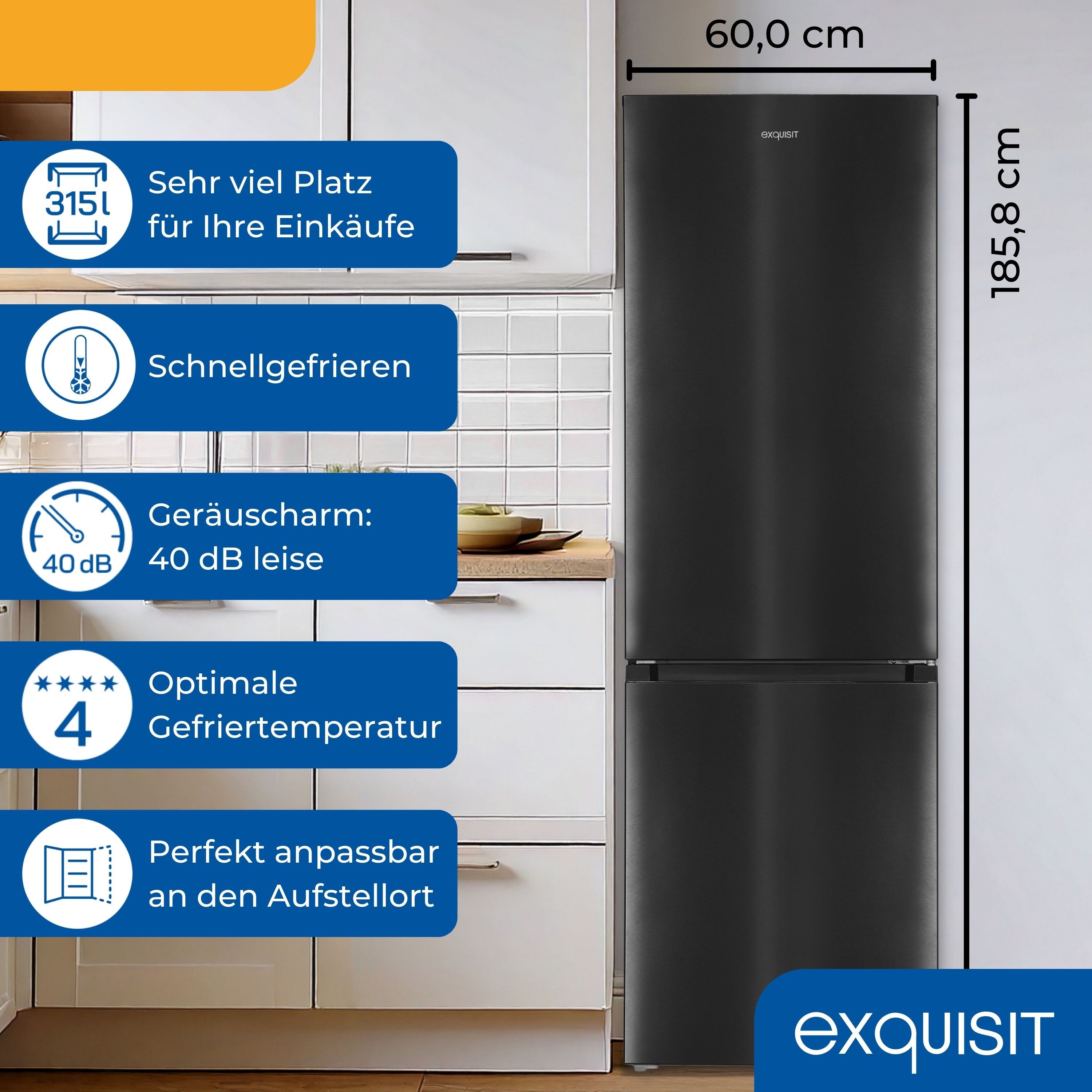 exquisit Kühl-/Gefrierkombination KGC5320-95-E-040C, 185.8 cm hoch, 60 cm breit, verstellbare Glasablagen, optischer Alarm, höhenverstellbare Füße – Bild 3 von 5