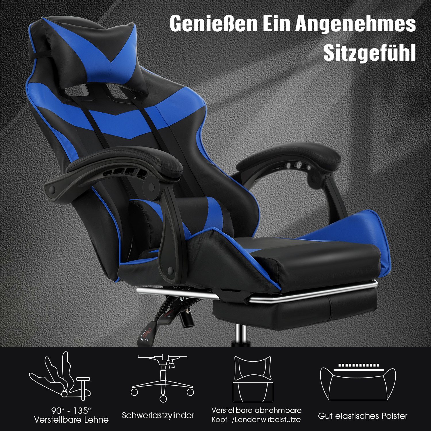 oyajia Gaming-Stuhl Ergonomischer Gaming Sessel mit Fußstütze und Kopfstütze Atmungsaktiv, mit abnehmbarem Kopfkissen, maximale Belastbarkeit 150 kg – Bild 4 von 5