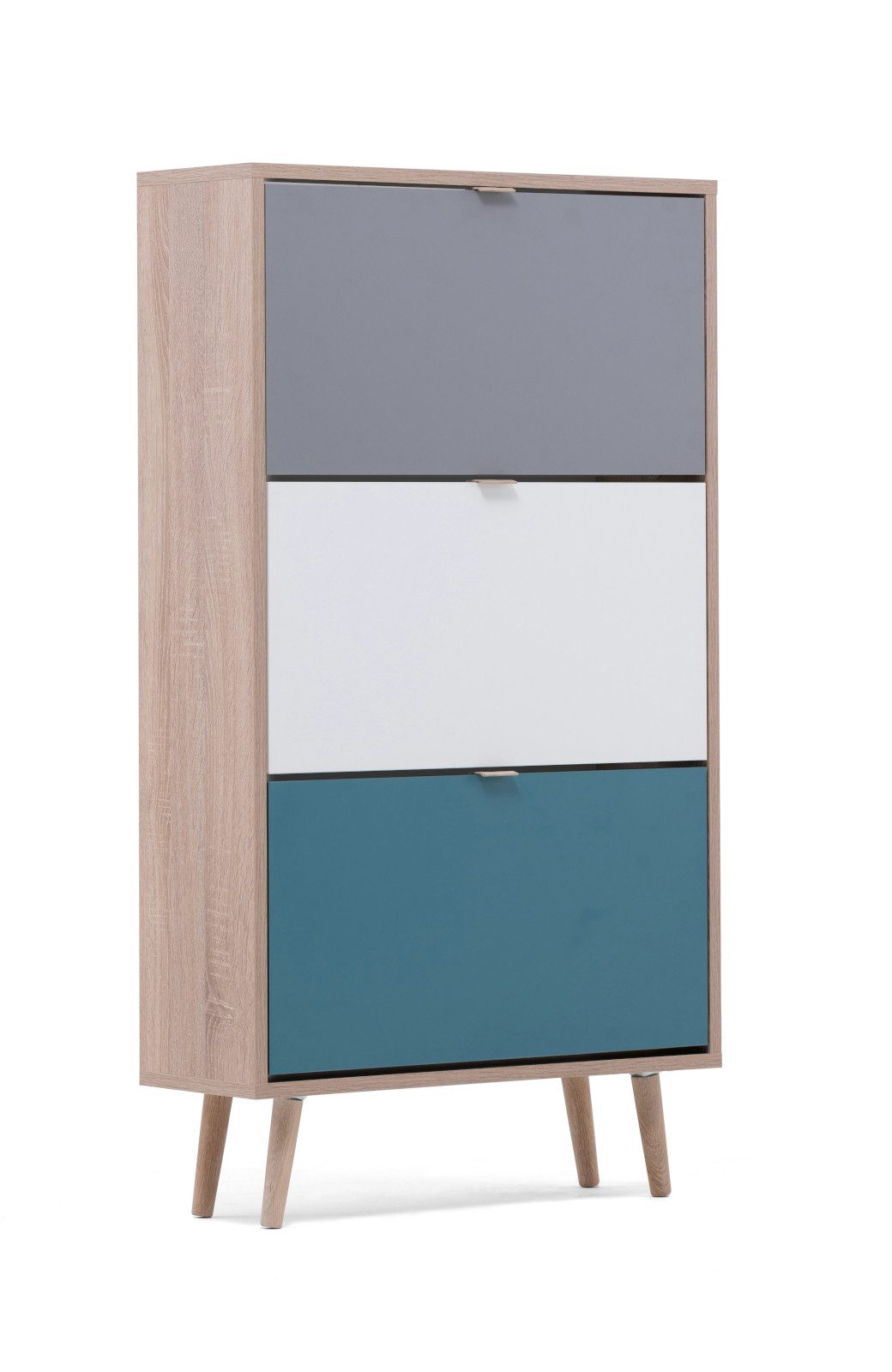 Furn.Design Schuhkipper Colory (Schuhschrank in Sonoma Eiche hell mit Petrol, Weiß und Grau, 70x 125 cm), skandinavisches Design