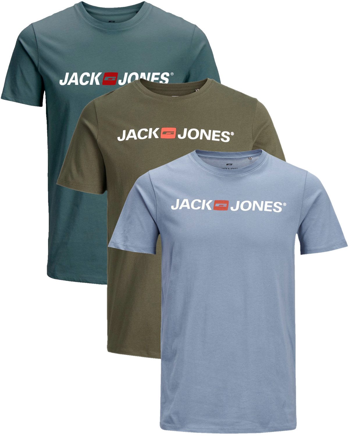 Jack & Jones Print-Shirt Bequemes Slimfit Shirt (Spar-Set, 3er-Pack) in Unifarbe mit Print