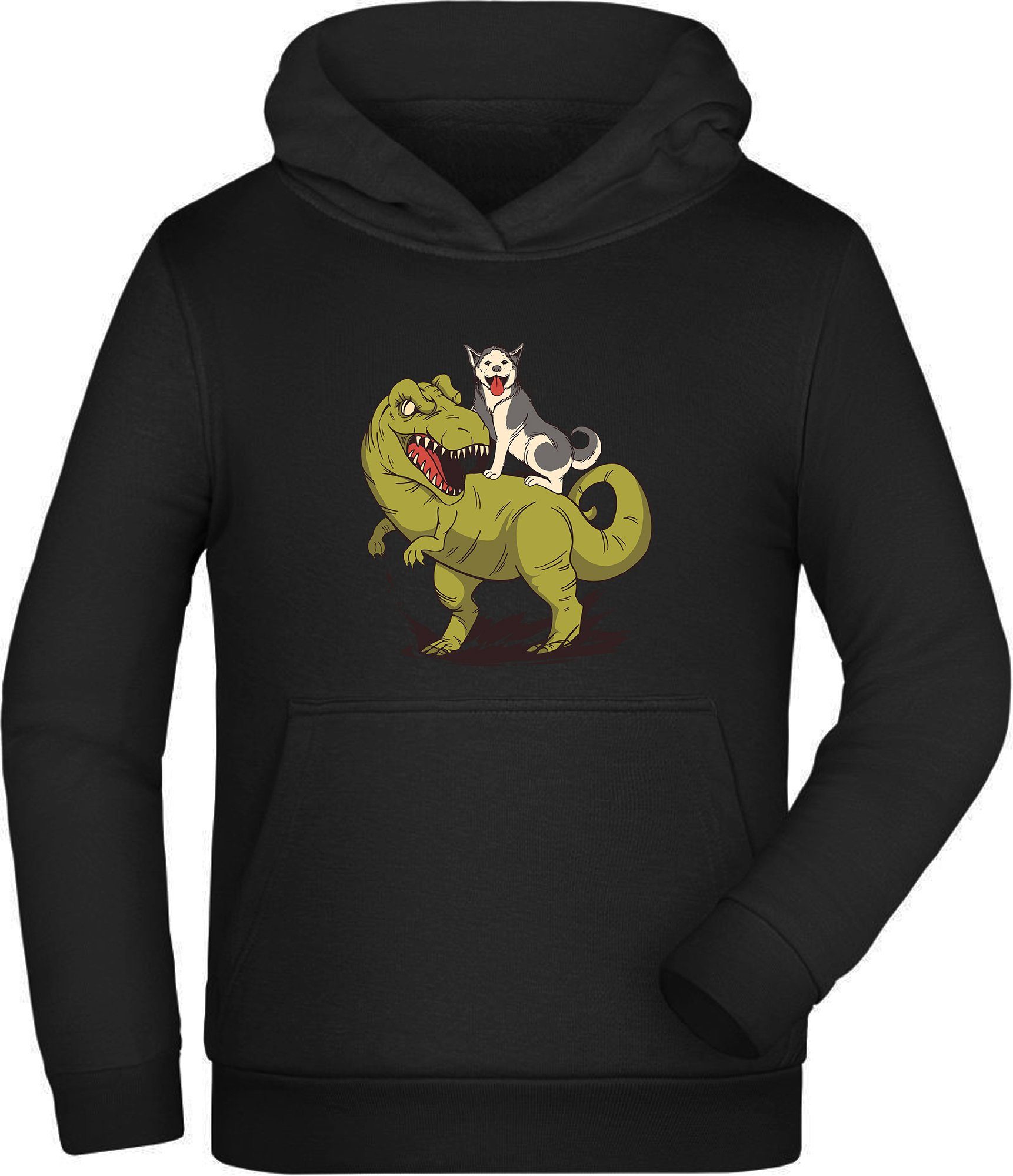 MyDesign24 Hoodie Kinder Kapuzen Sweatshirt - Hund auf T-Rex Kapuzensweater mit Aufdruck, i94