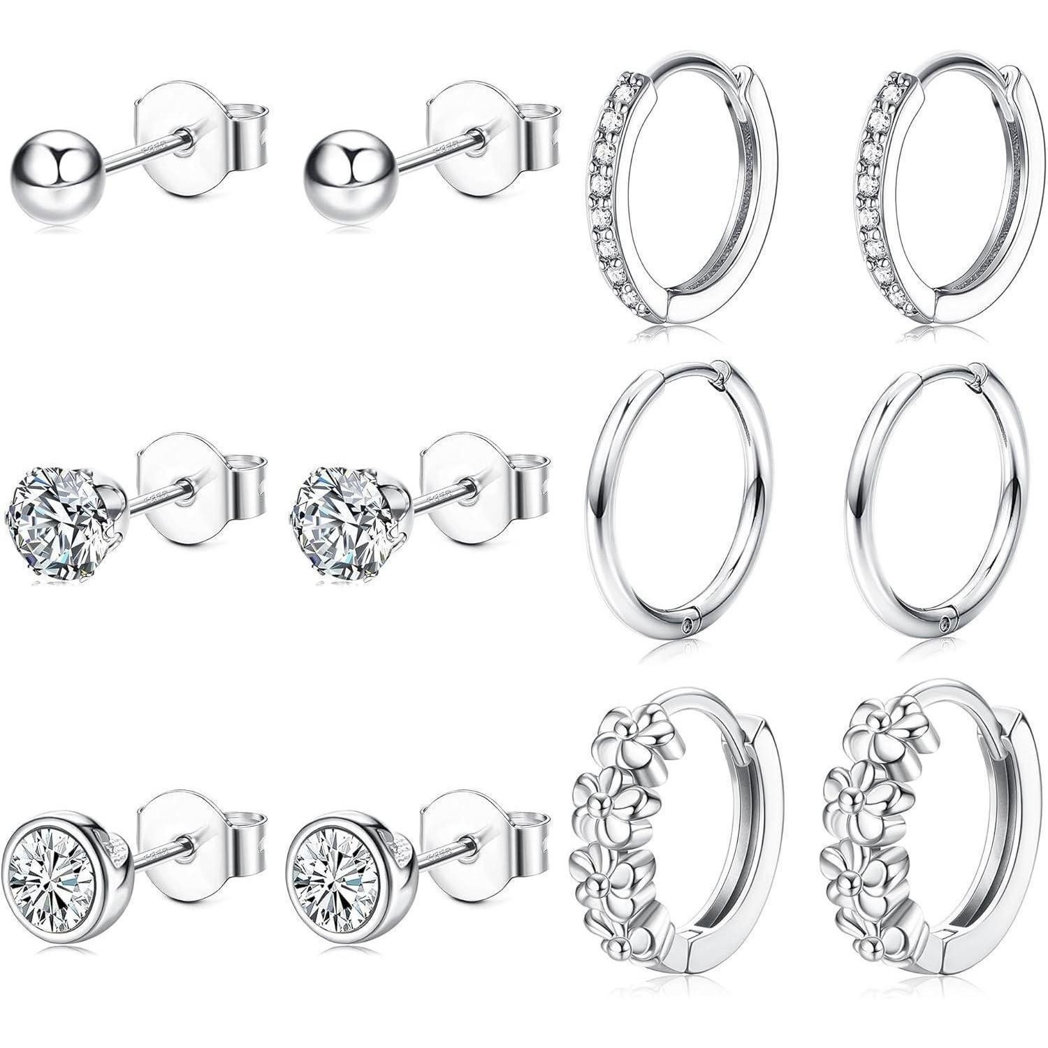 LuxusKollektion Ohrring-Set 6 Paar Silber 925 Ohrringe Zirkonia Ohrstecker Creolen Set 925 Silber