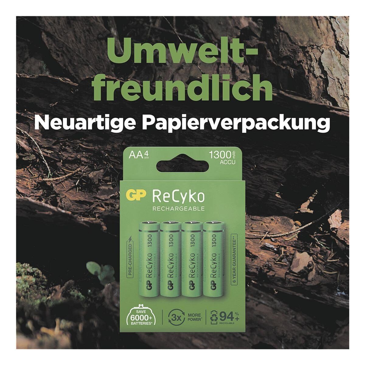 GP Batteries ReCyko Akku (4 St), Mignon / AA, 1300 mAh, 1,2 V