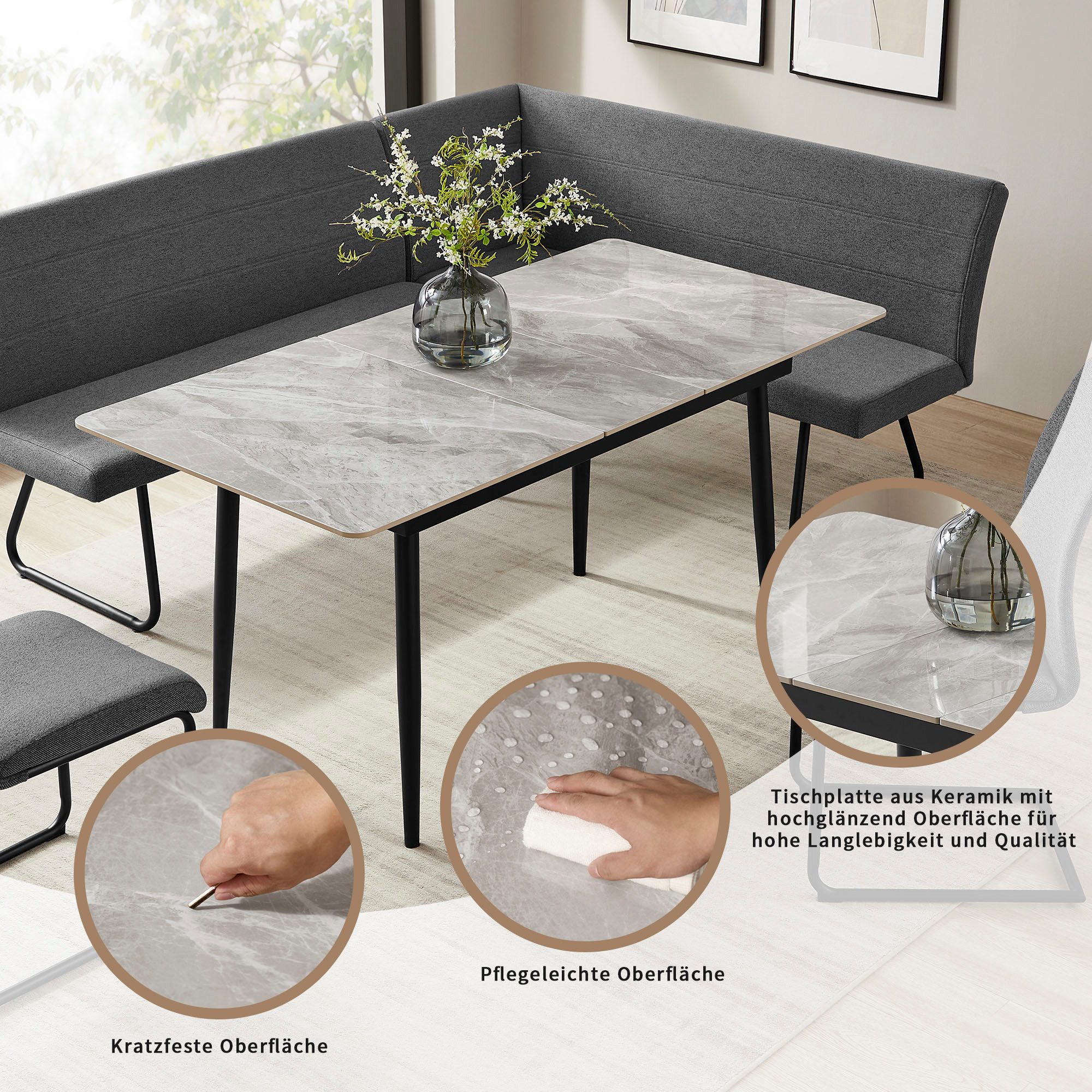 OTTO home Eckbankgruppe Stevian, (Set, 4-tlg., 1 ausziehbarer Esstisch + 1 Eckbank Recamiere links + 2 Stühle), Holz, Strukturstoffbezug, Freischwingerstühle, gesteppten Bänken