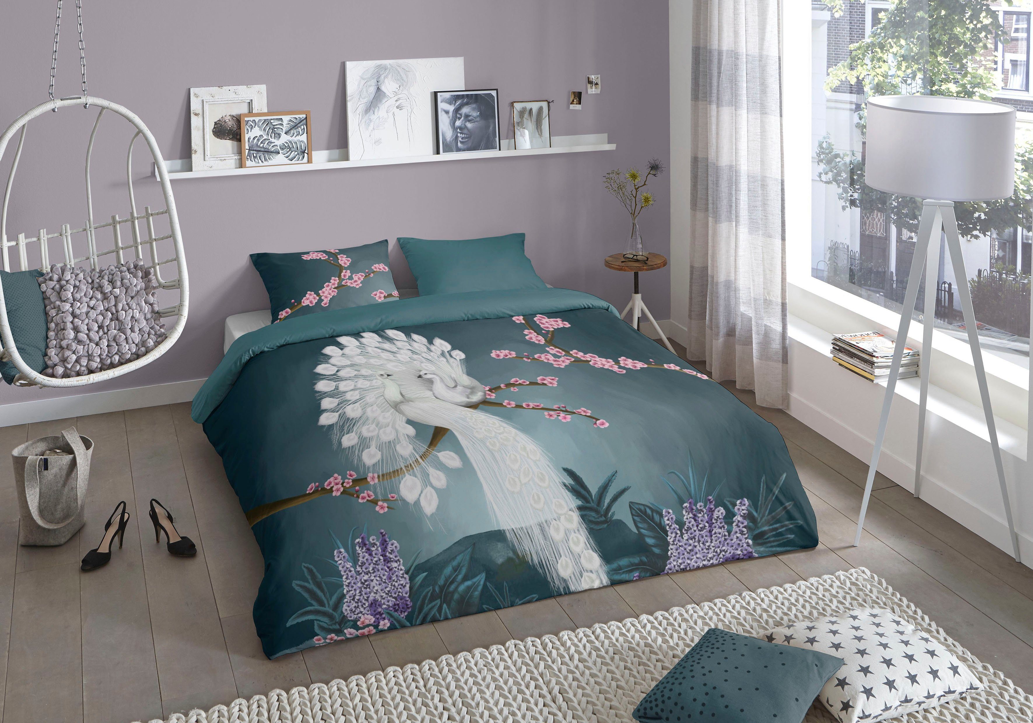 good morning Wendebettwäsche Genesis, Renforcé, 2 teilig, 100% Baumwolle, 155x220, 2 Teilig, Reißverschluss, Wendeoptik, Pfau