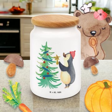 Mr. & Mrs. Panda Vorratsdose Pinguin Weihnachtsbaum - Weiß - Geschenk, Dose, Winter, Weihnachten, Keramik, (1-tlg), Massiv-Holzdeckel