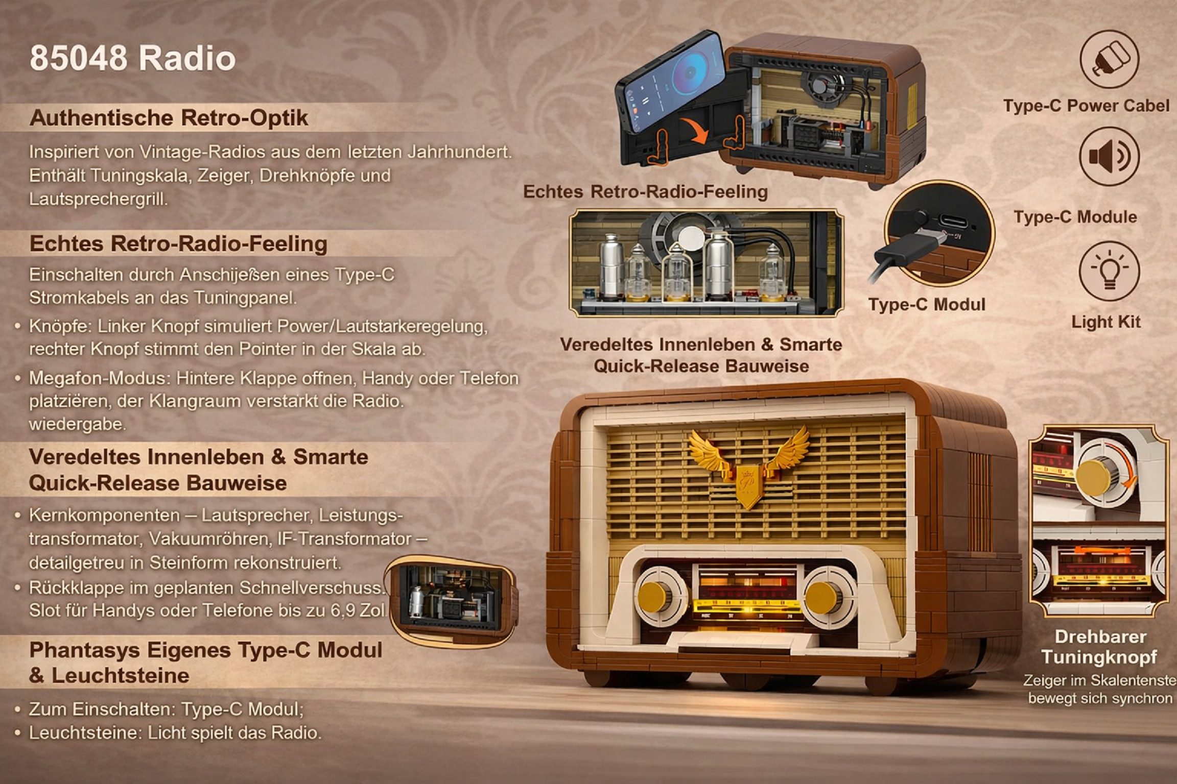 Pantasy Pantasy 85048 Retro Radio 811 Teile mit Funktionen und Beleuchtung Konstruktions-Spielset, (811 St)