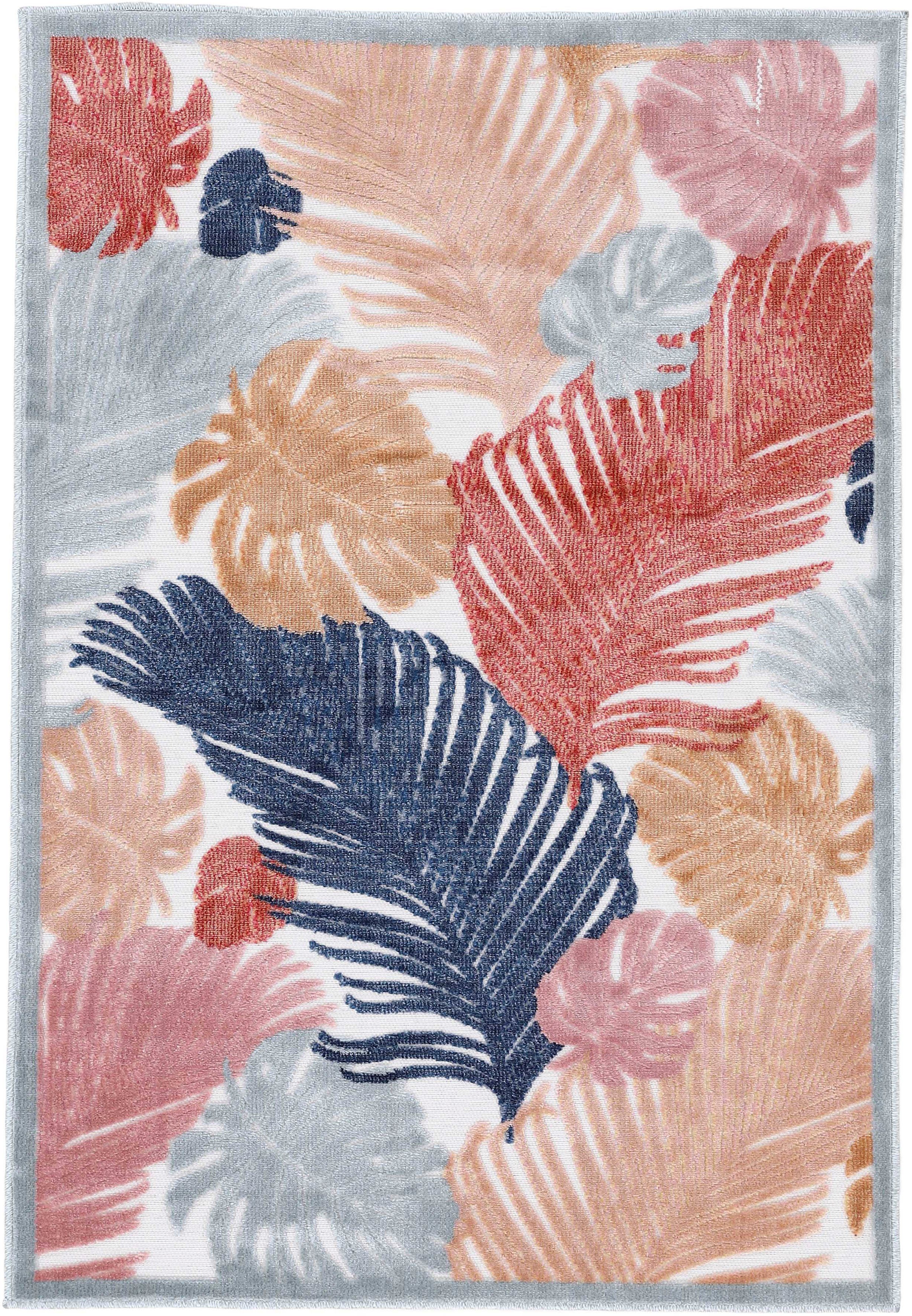 Teppich Deja 104, carpetfine, rechteckig, Höhe: 4 mm, robustes Flachgewebe, Motiv- Floral Palmenblätter, Hoch-Tief Effekt multi | Kurzflor-Teppiche